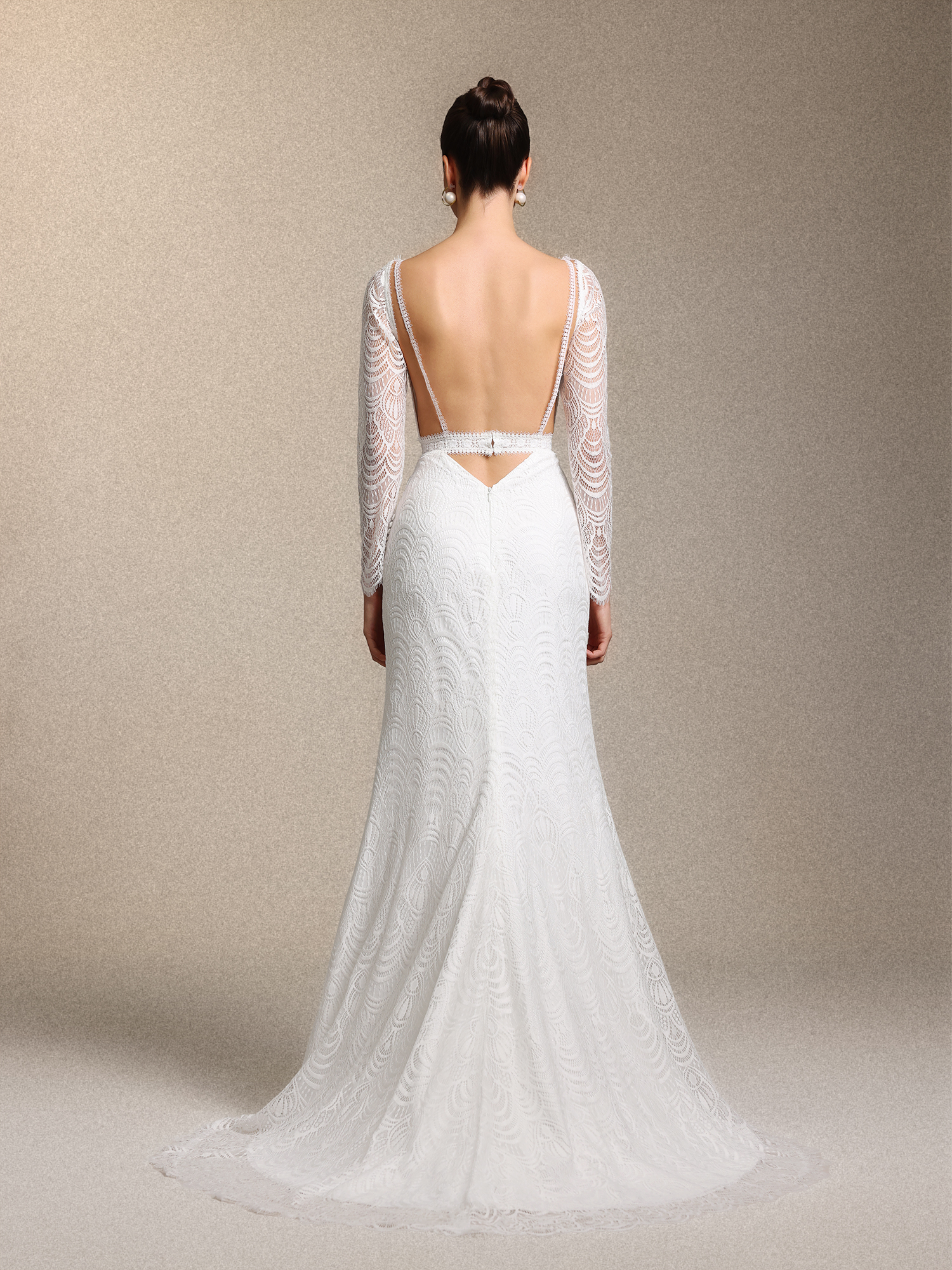 Myla Boho Tailored Open Back White Lace Train Maxi Wedding Dress