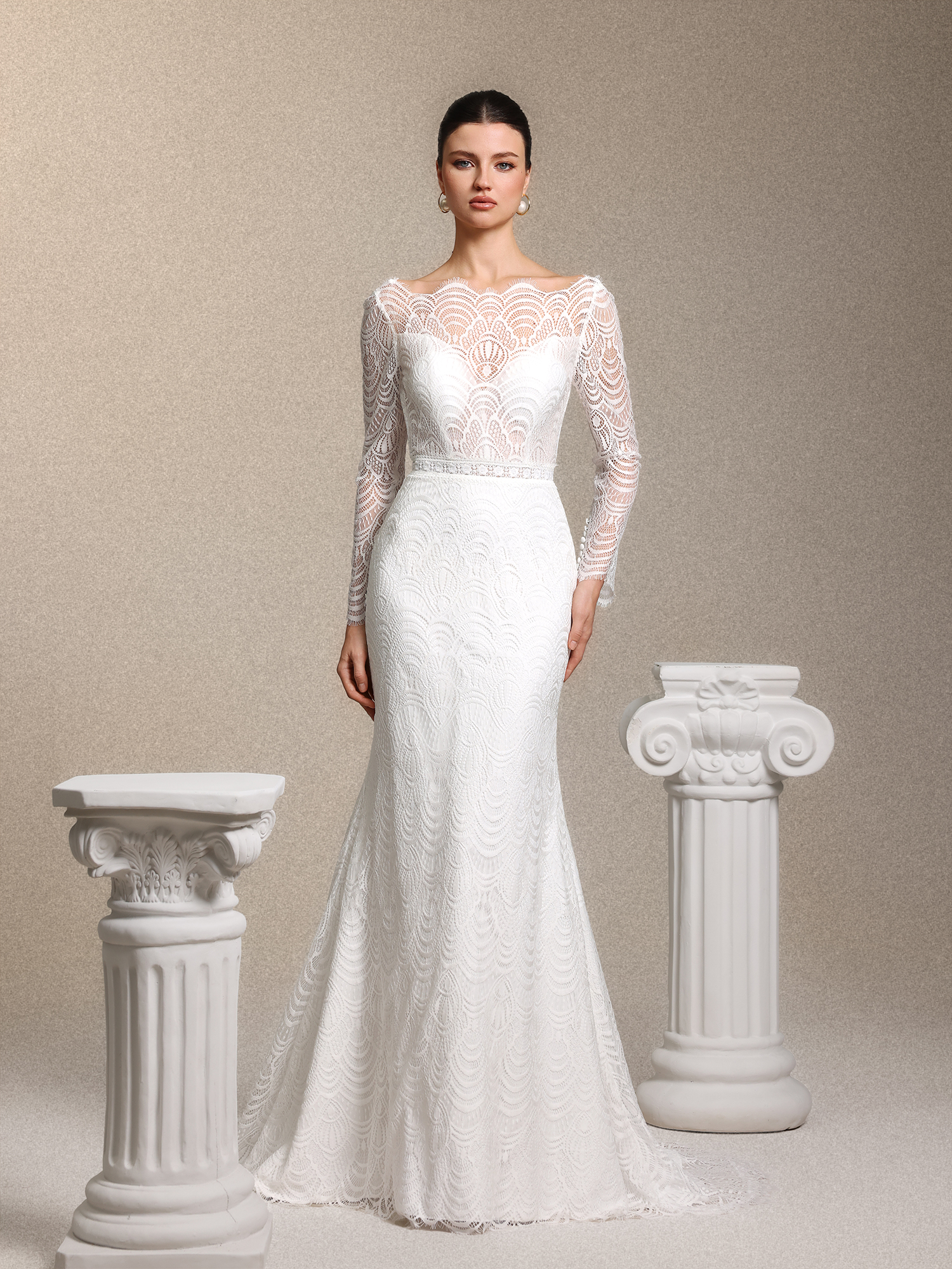 Myla Boho Tailored Open Back White Lace Train Maxi Wedding Dress