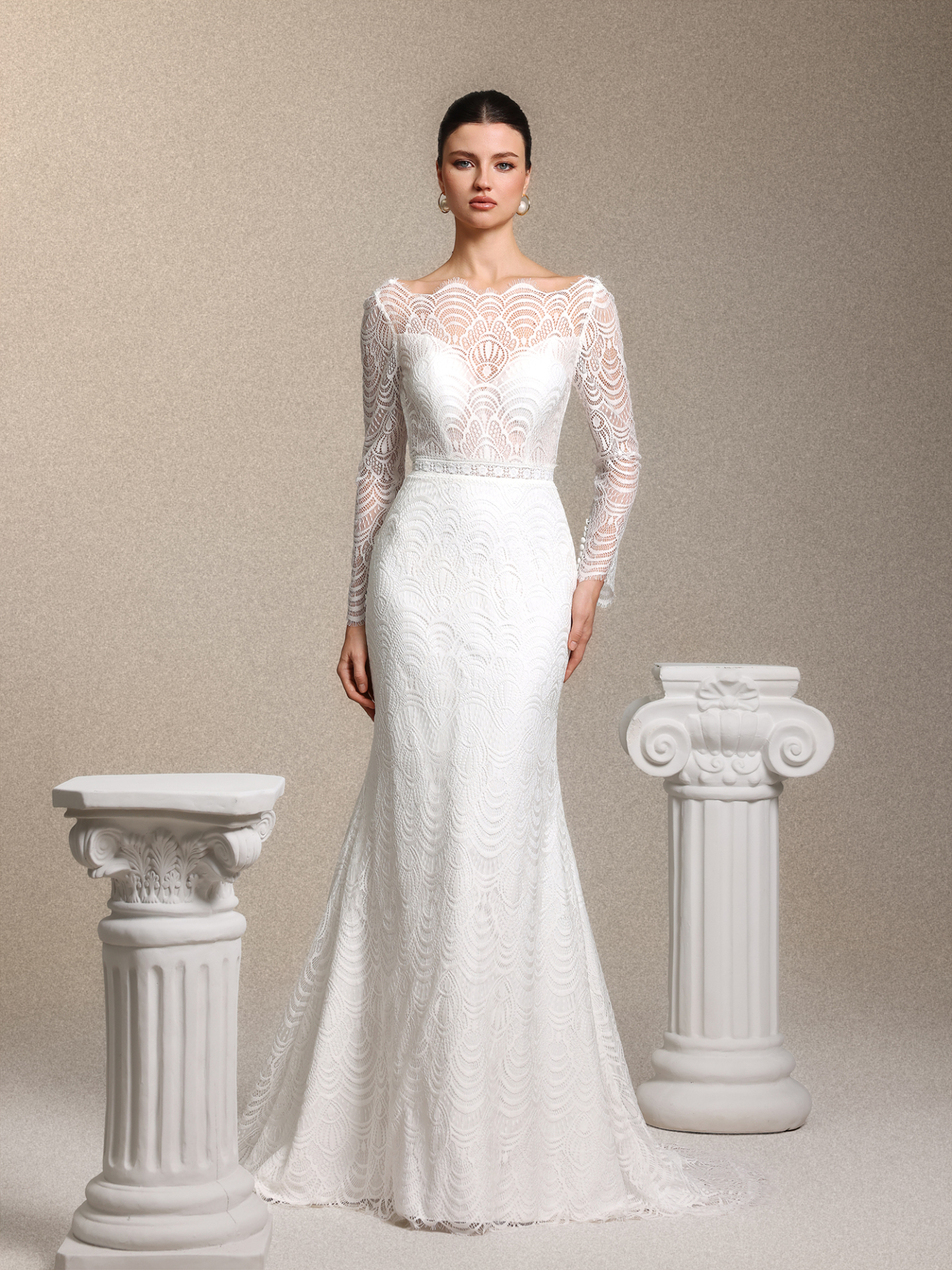 Myla Boho Tailored Open Back White Lace Train Maxi Wedding Dress