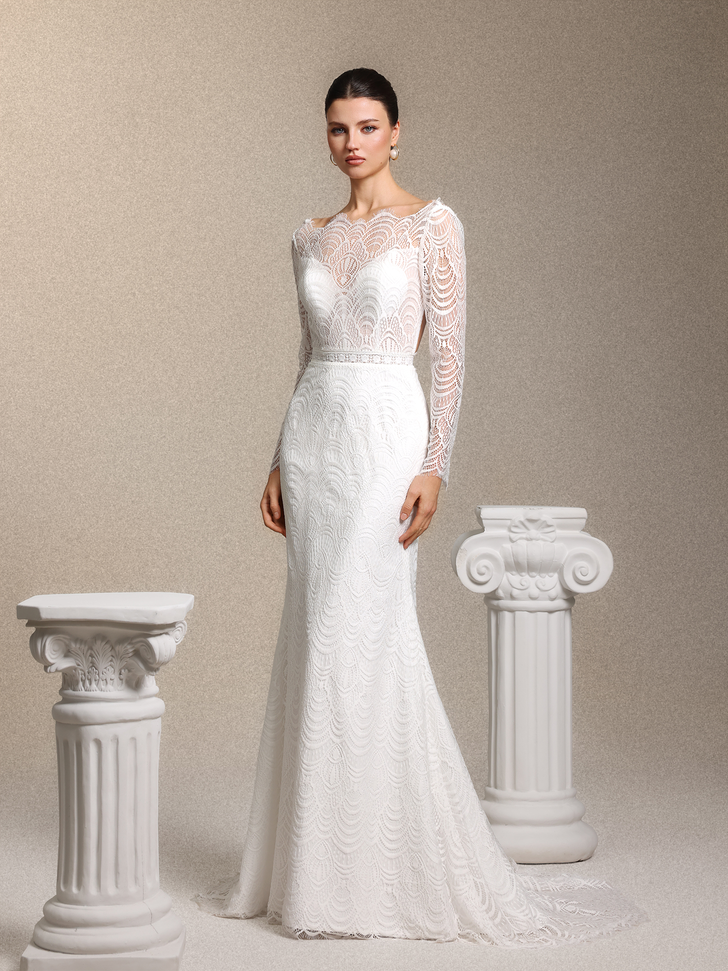 Myla Boho Tailored Open Back White Lace Train Maxi Wedding Dress