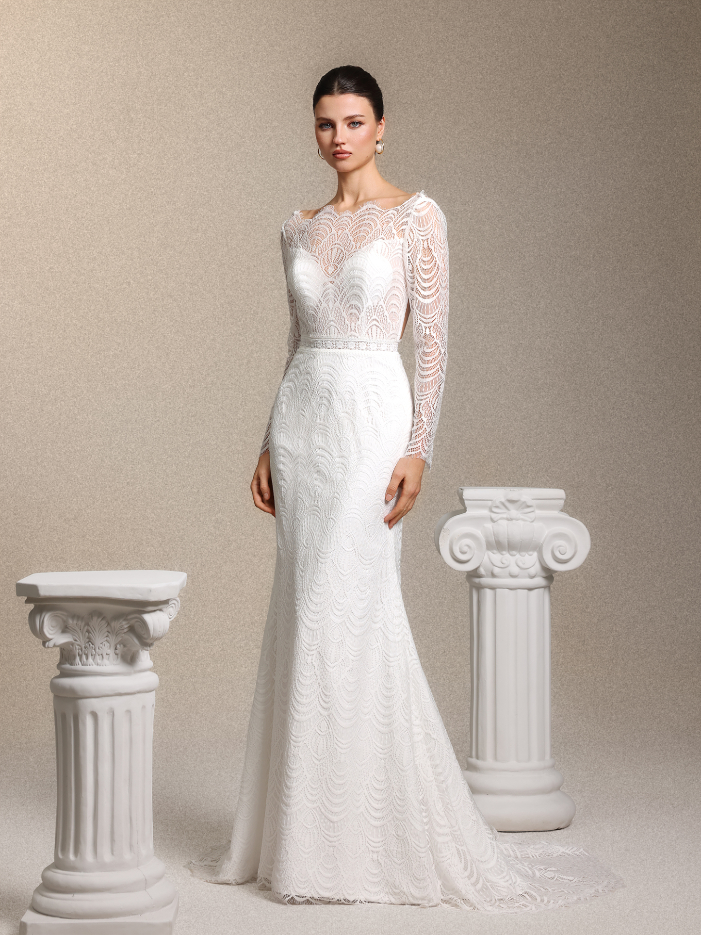 Myla Boho Tailored Open Back White Lace Train Maxi Wedding Dress