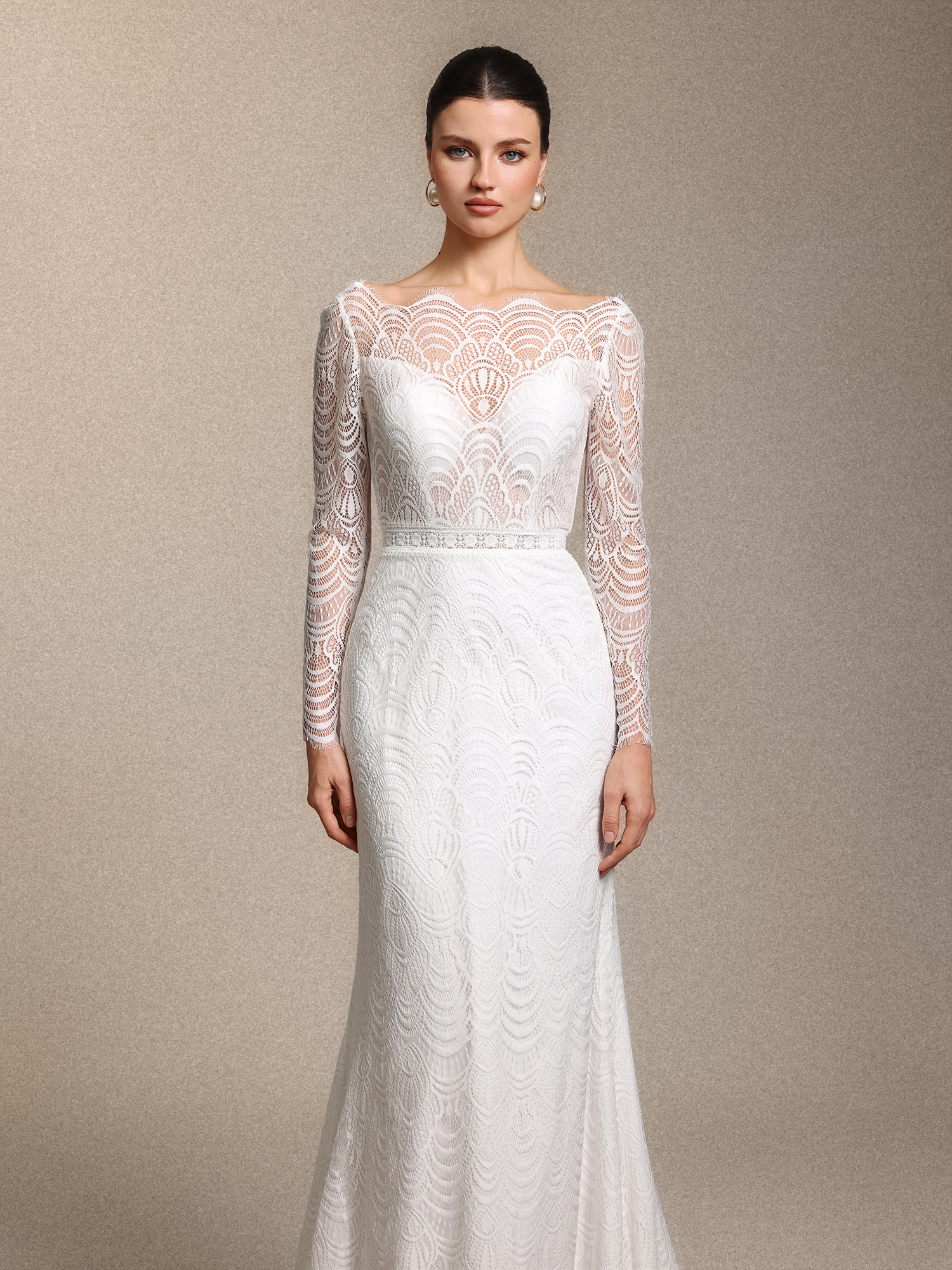 Myla Boho Tailored Open Back White Lace Train Maxi Wedding Dress