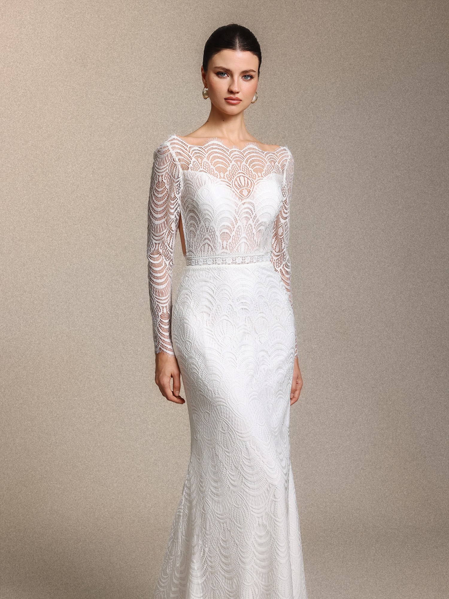 Myla Boho Tailored Open Back White Lace Train Maxi Wedding Dress