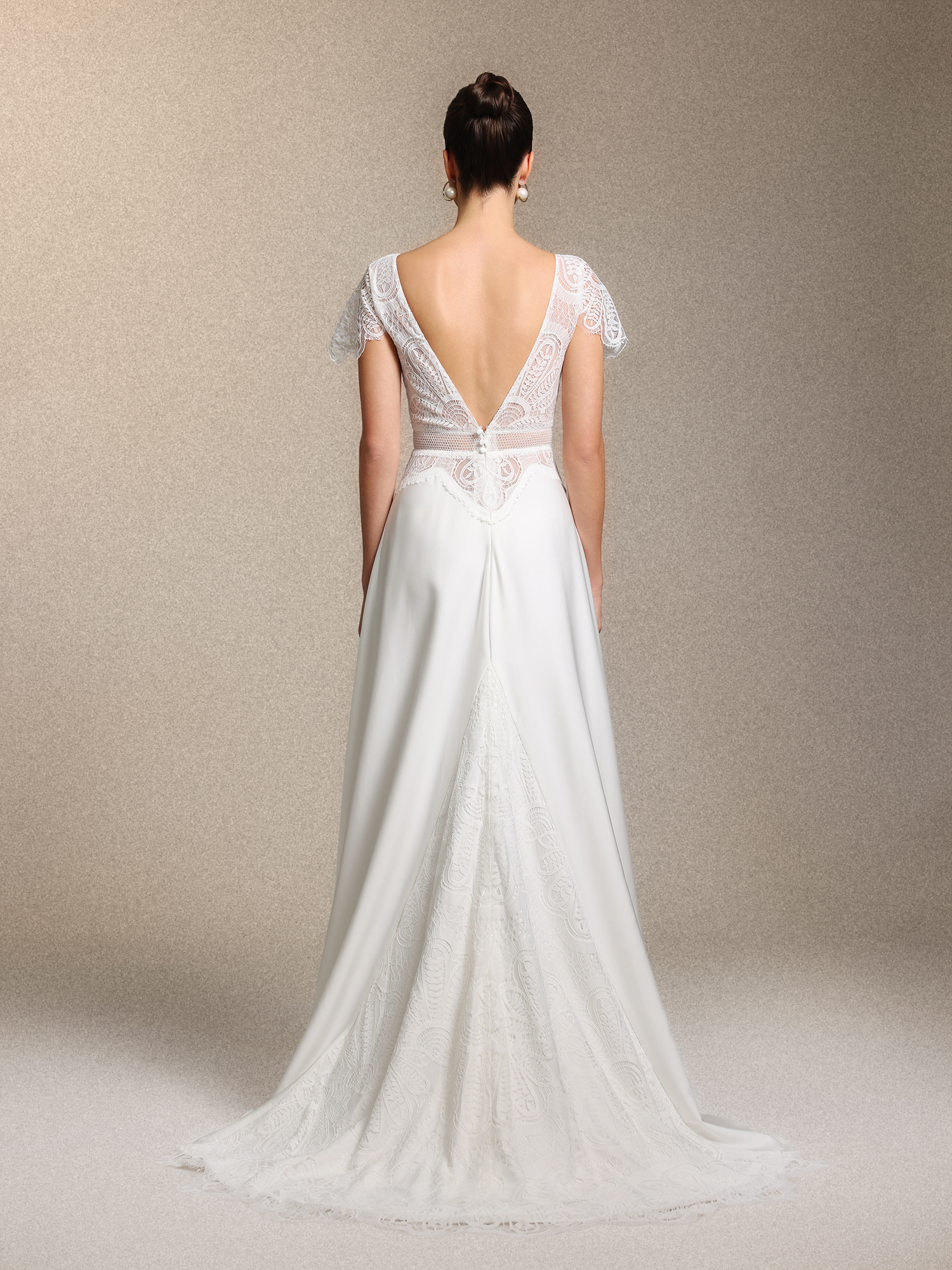 Naira Boho V Neck Cinched Waist White Lace Satin Maxi Wedding Gown