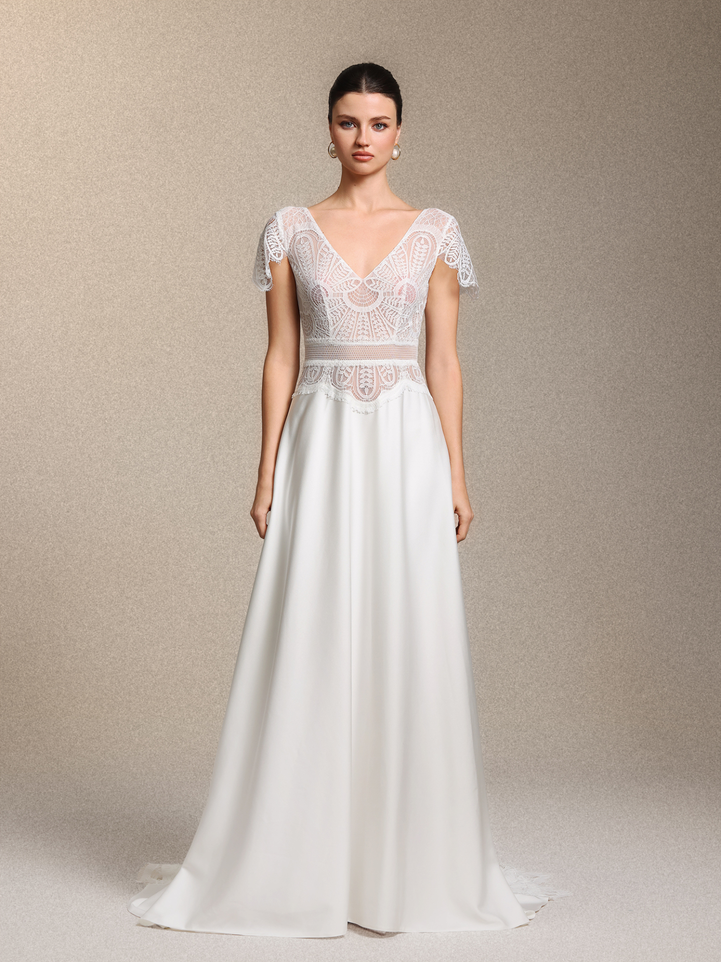 Naira Boho V Neck Cinched Waist White Lace Satin Maxi Wedding Gown