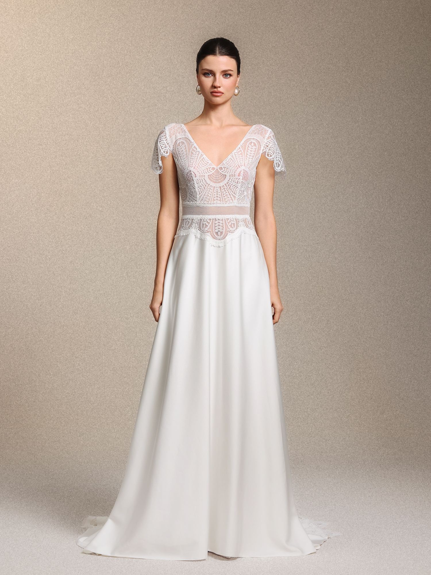 Naira Boho V Neck Cinched Waist White Lace Satin Maxi Wedding Gown