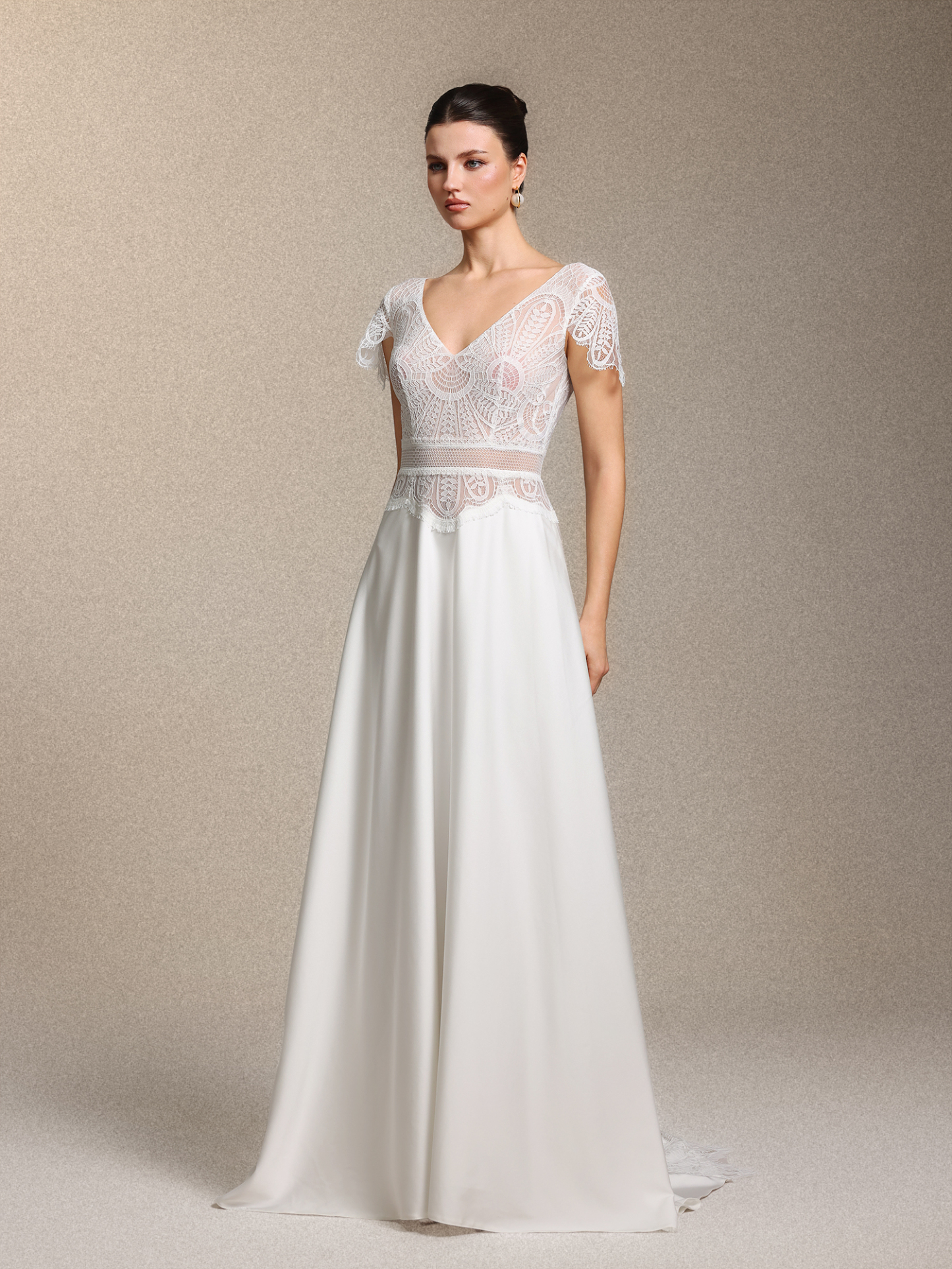 Naira Boho V Neck Cinched Waist White Lace Satin Maxi Wedding Gown