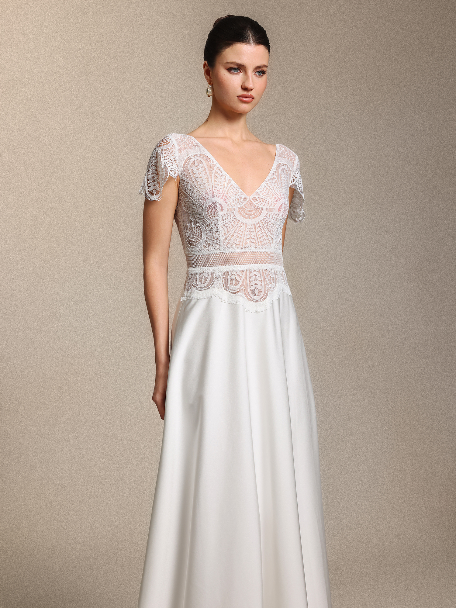 Naira Boho V Neck Cinched Waist White Lace Satin Maxi Wedding Gown