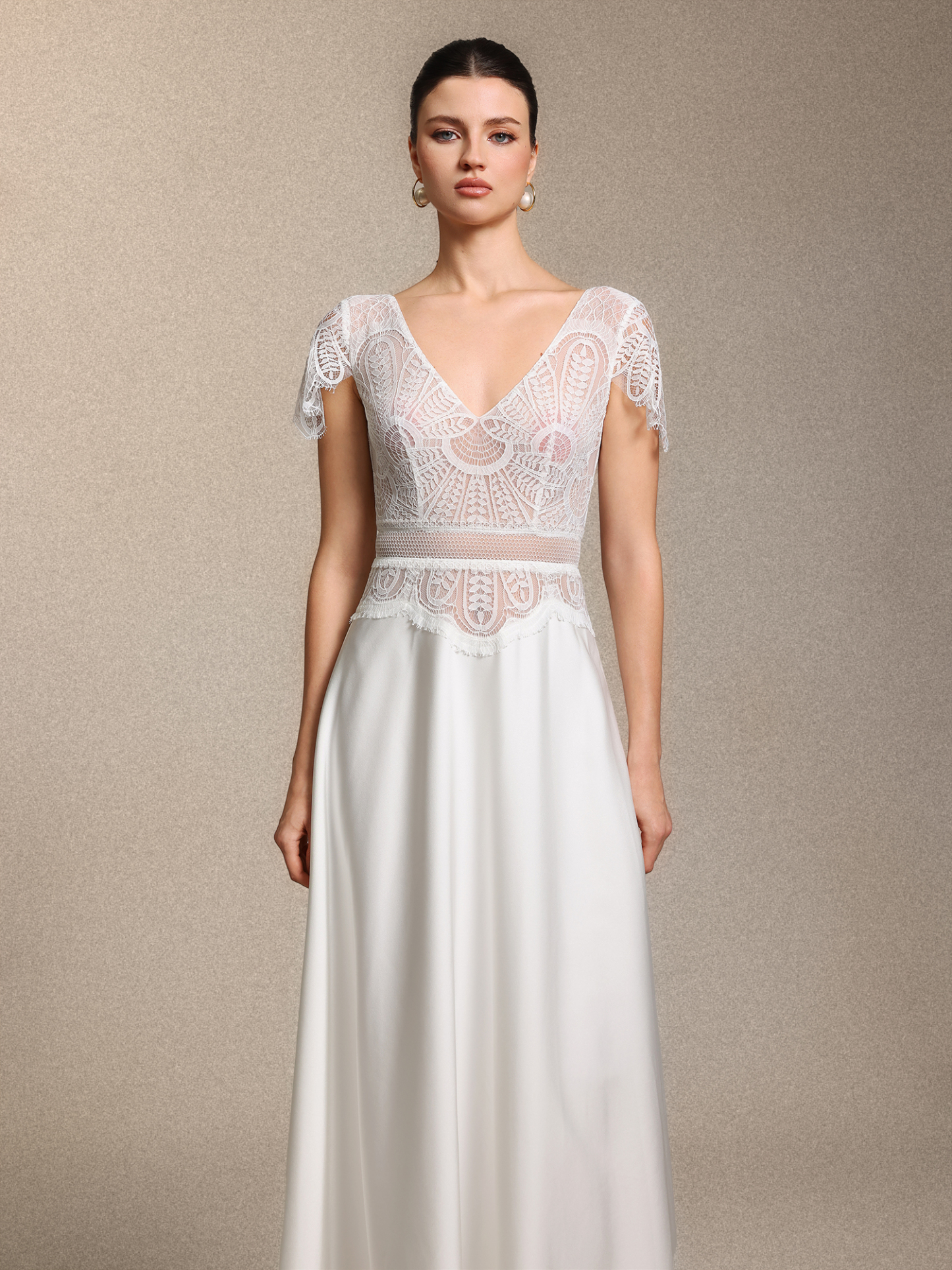 Naira Boho V Neck Cinched Waist White Lace Satin Maxi Wedding Gown