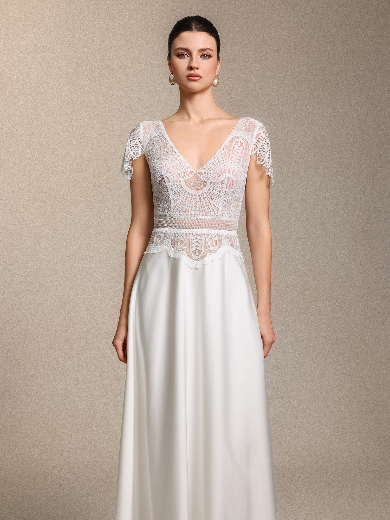 Naira Boho V Neck Cinched Waist White Lace Satin Maxi Wedding Gown