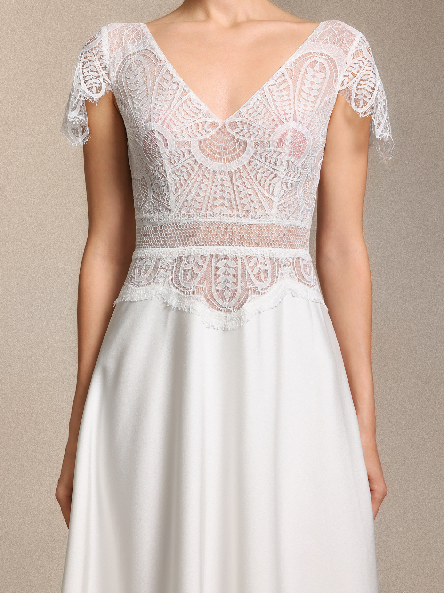 Naira Boho V Neck Cinched Waist White Lace Satin Maxi Wedding Gown