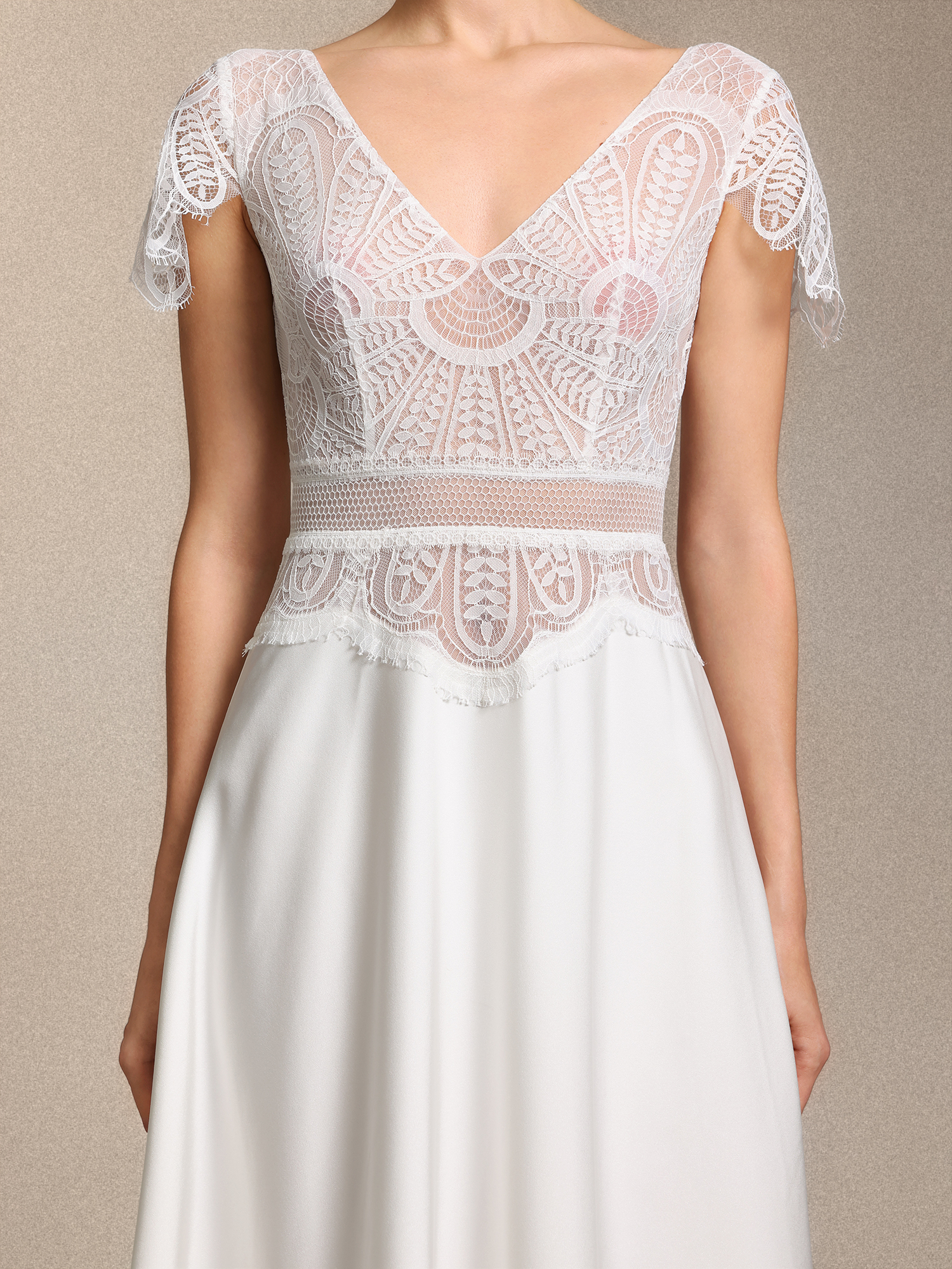 Naira Boho V Neck Cinched Waist White Lace Satin Maxi Wedding Gown