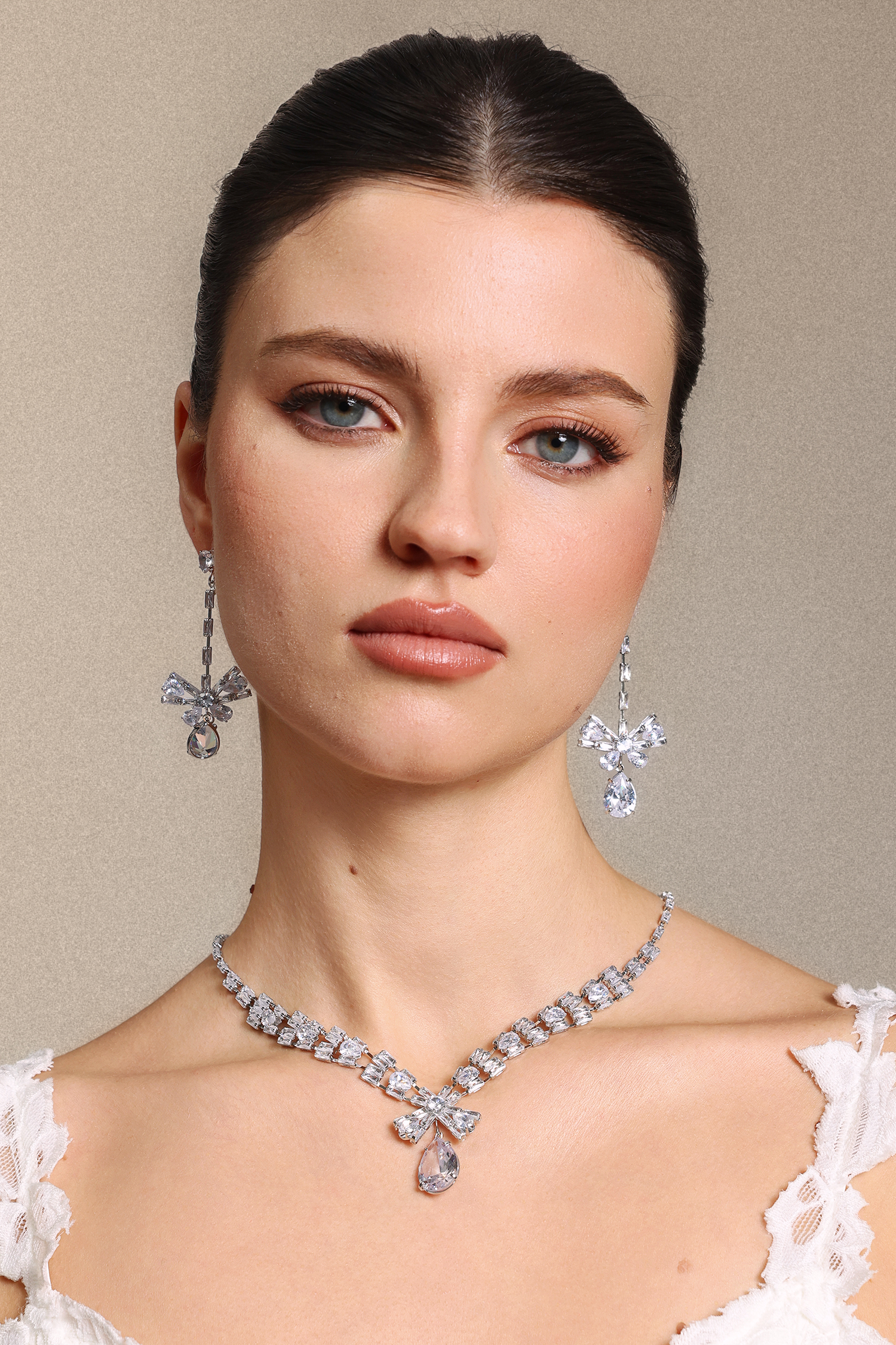 Tate Diamond  Bow Earrings And Necklace Set