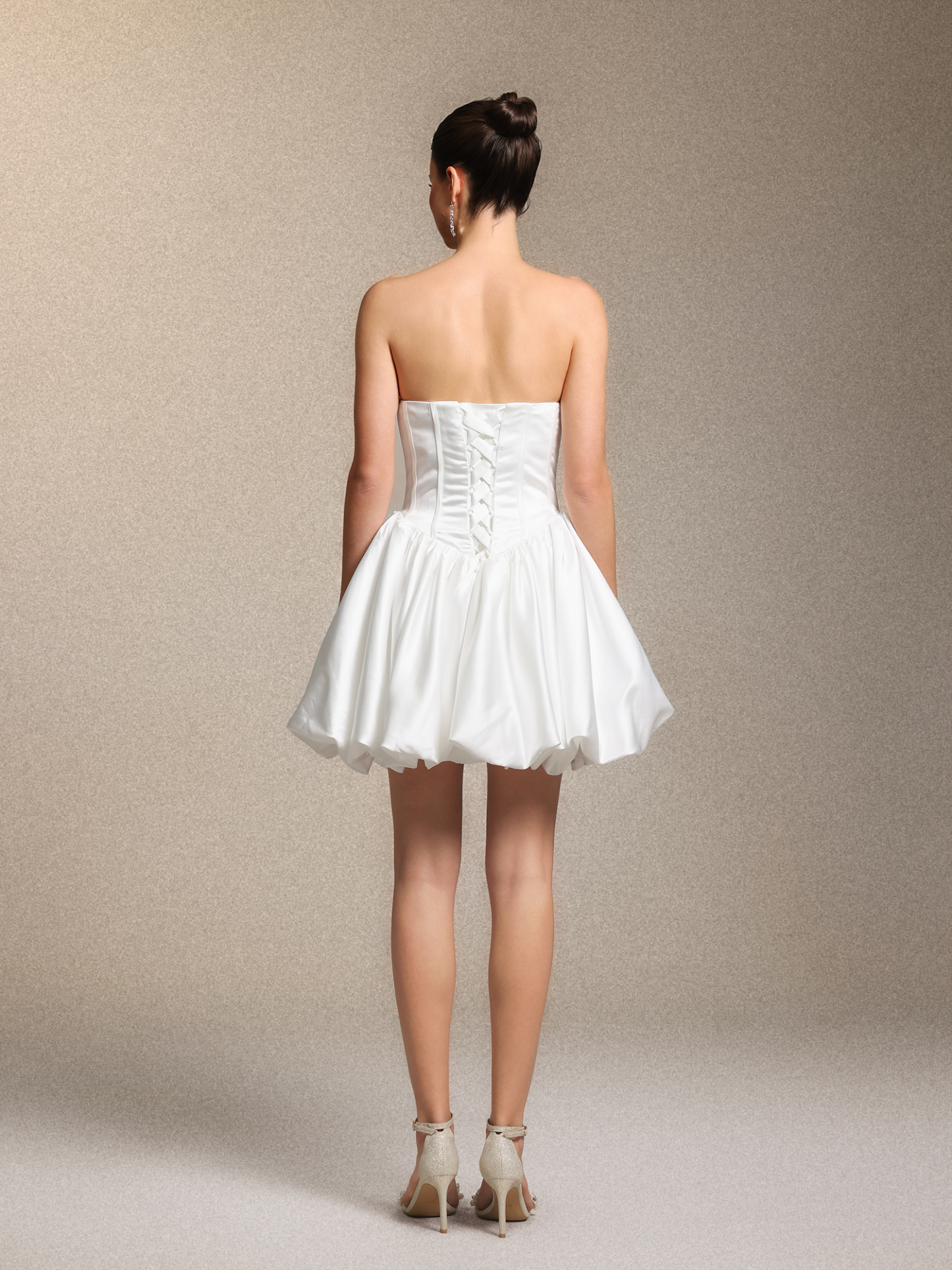 Lunare Elegant Strapless Cinched Waist White Satin Mini Dress