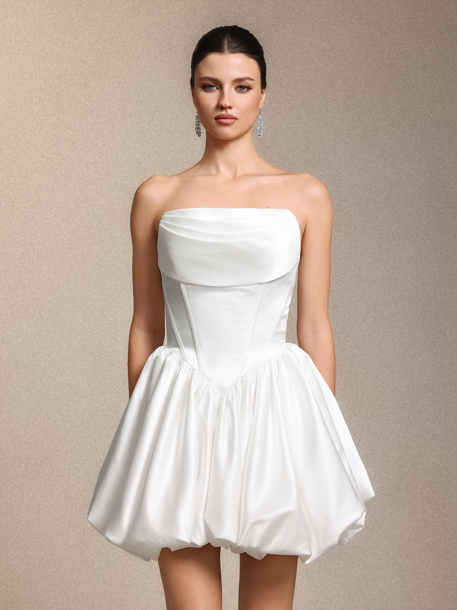 Lunare Elegant Strapless Cinched Waist White Satin Mini Dress