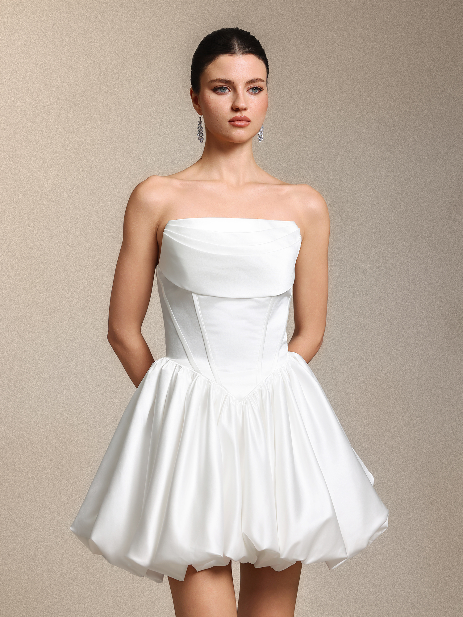 Lunare Elegant Strapless Cinched Waist White Satin Mini Dress