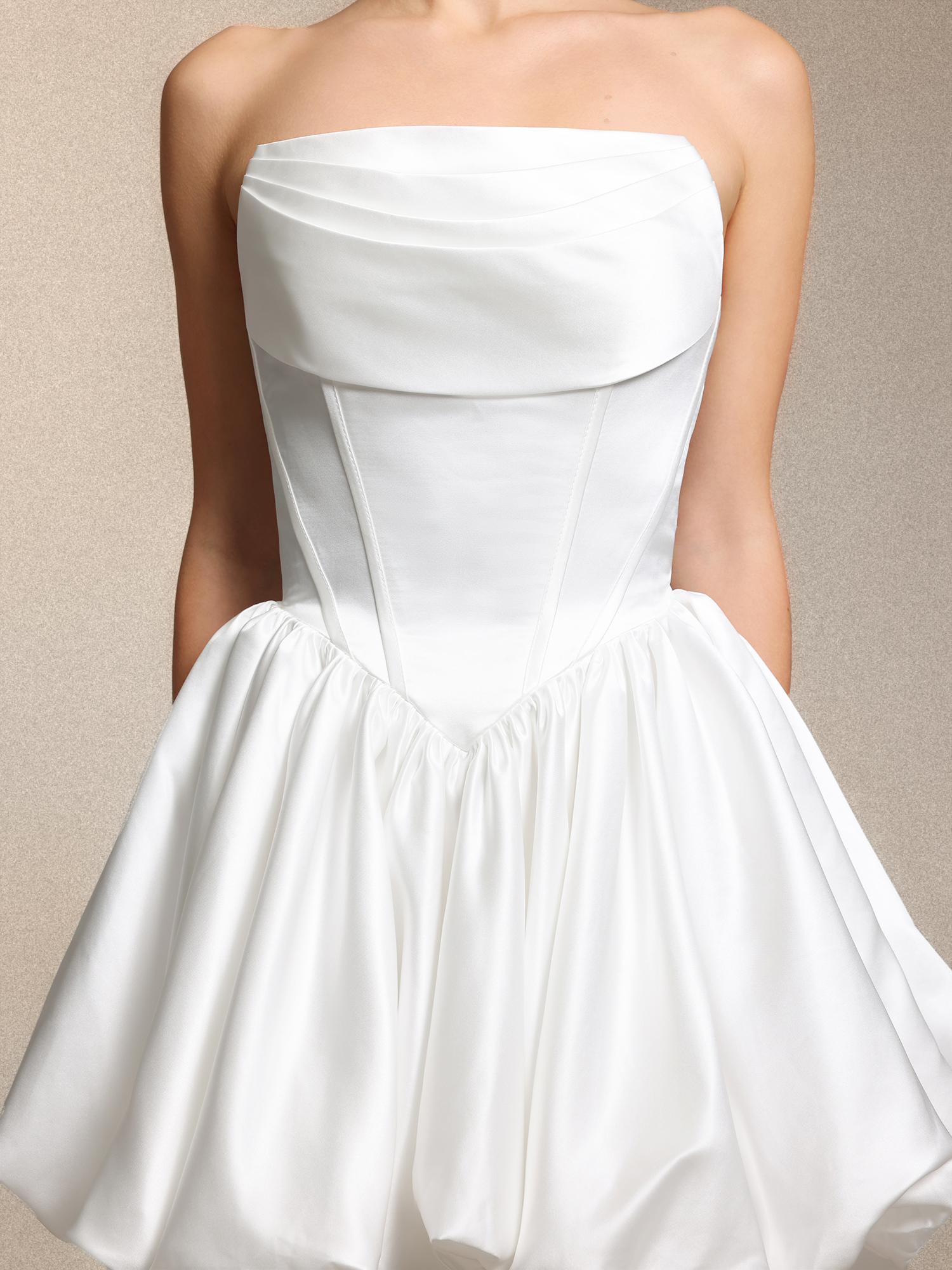 Lunare Elegant Strapless Cinched Waist White Satin Mini Dress