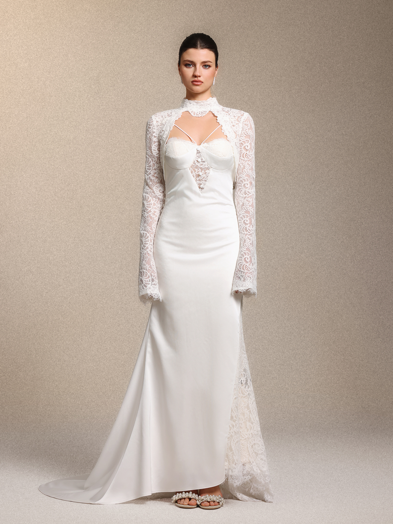 Jouy Vintage Curve-enhancing White Lace Satin Maxi Dress