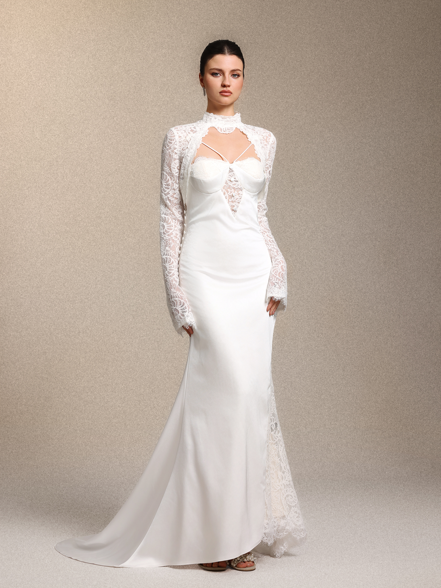 Jouy Vintage Curve-enhancing White Lace Satin Maxi Dress