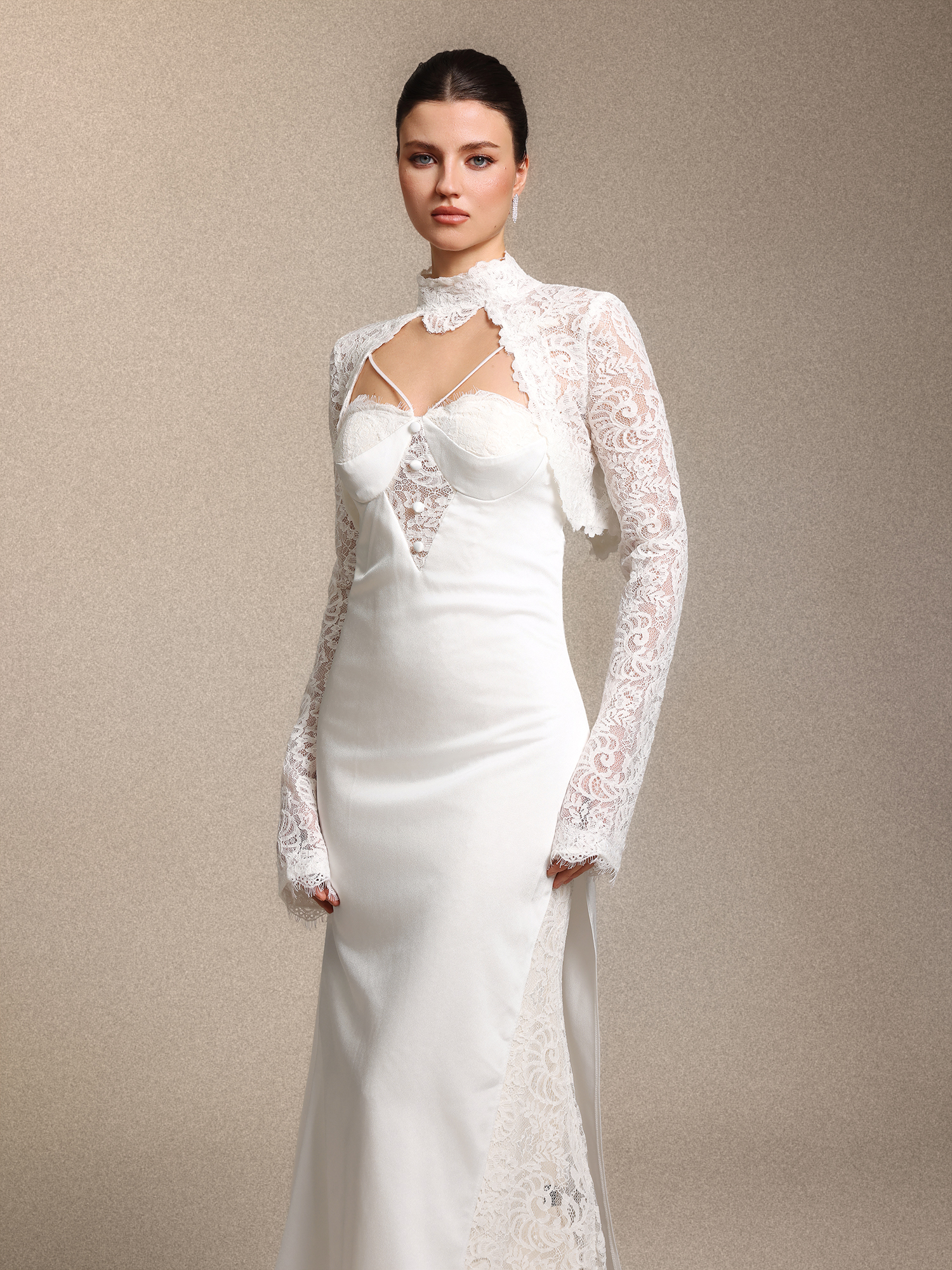 Jouy Vintage Curve-enhancing White Lace Satin Maxi Dress