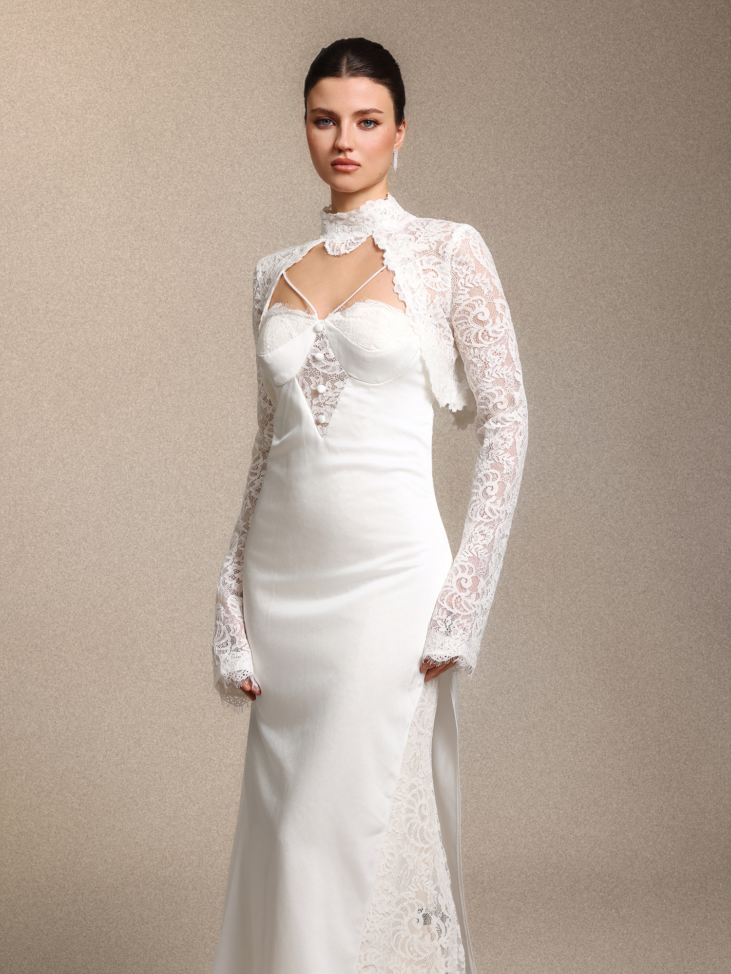 Jouy Vintage Curve-enhancing White Lace Satin Maxi Dress