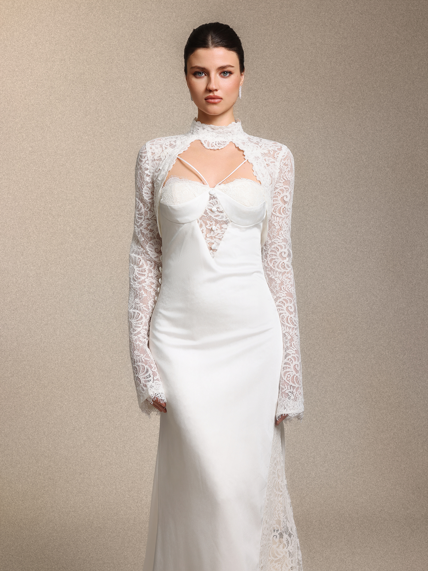 Jouy Vintage Curve-enhancing White Lace Satin Maxi Dress