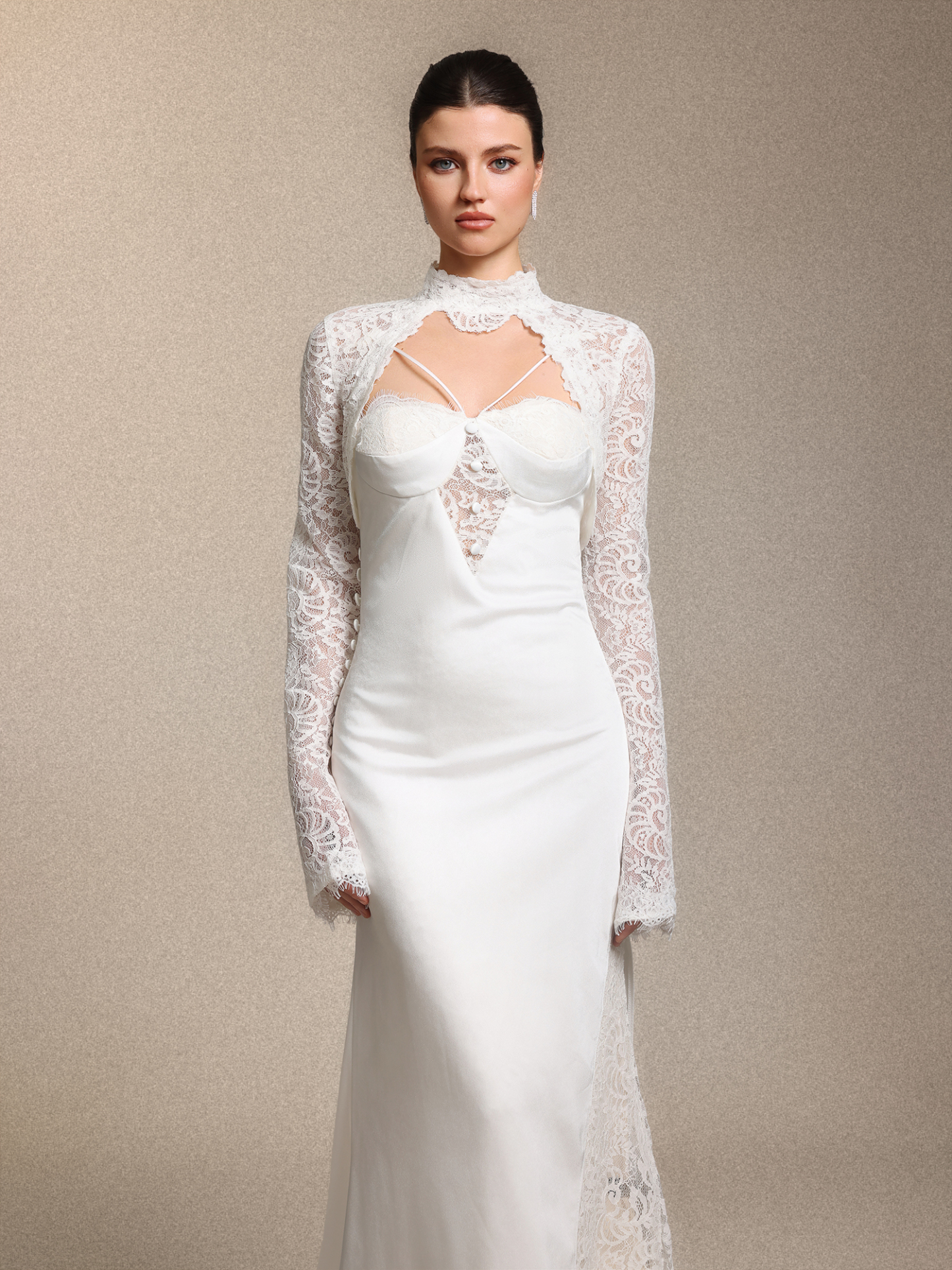 Jouy Vintage Curve-enhancing White Lace Satin Maxi Dress