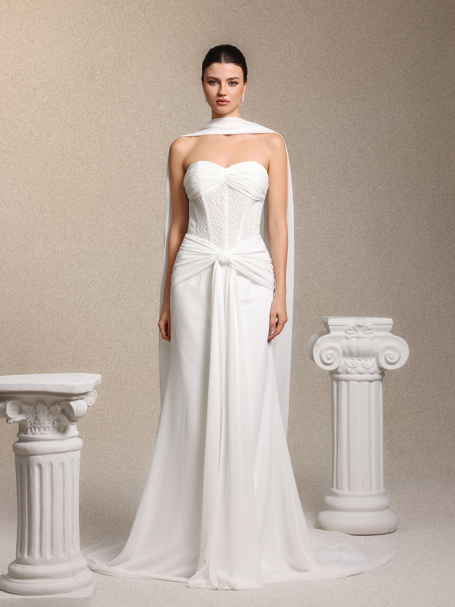 Lenra Elegant Strapless Bow White Lace Chiffon Maxi Dress