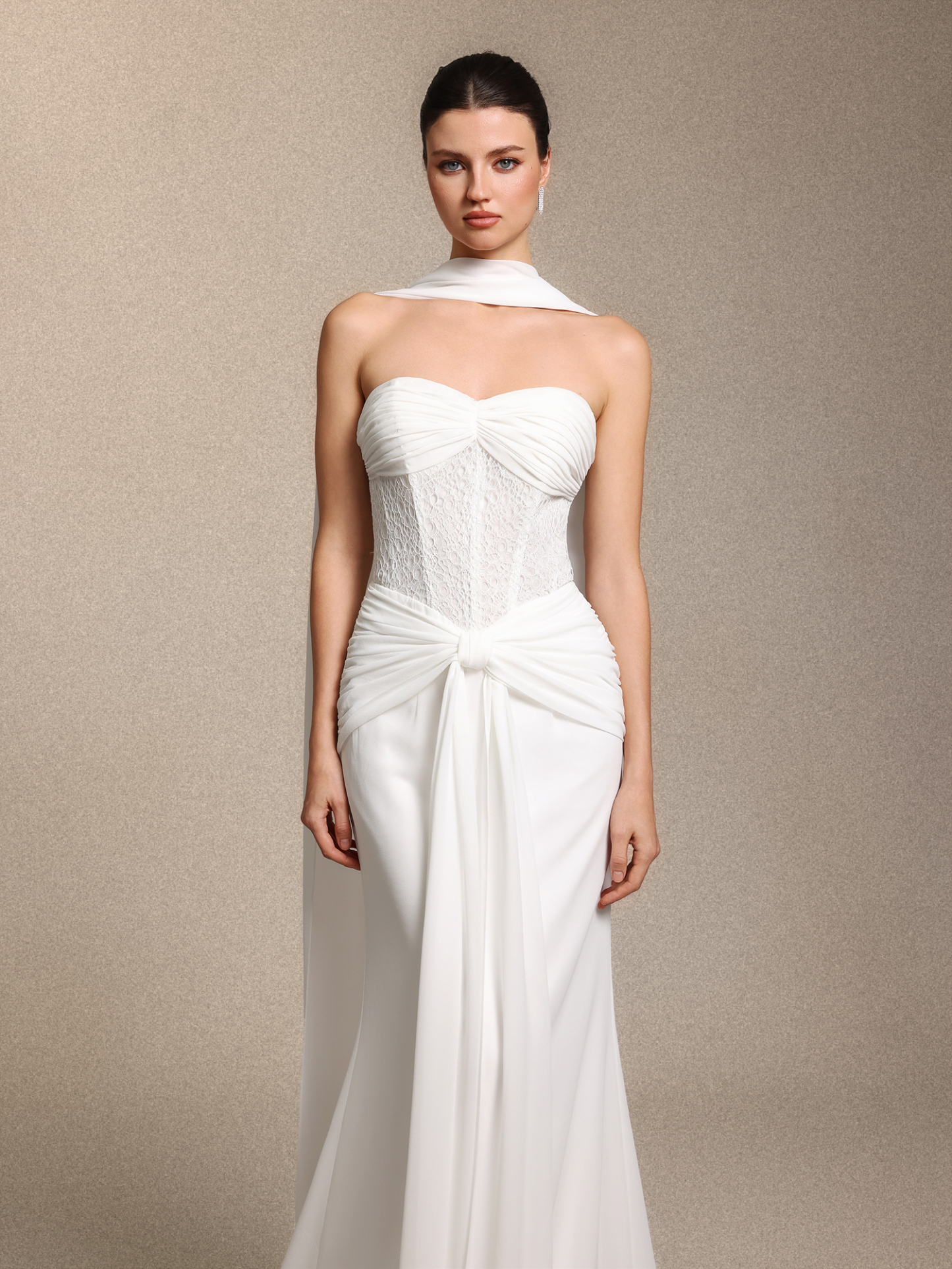 Lenra Elegant Strapless Bow White Lace Chiffon Maxi Dress