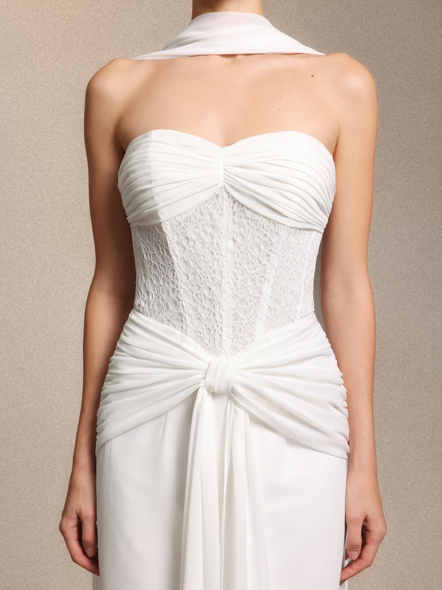 Lenra Elegant Strapless Bow White Lace Chiffon Maxi Dress