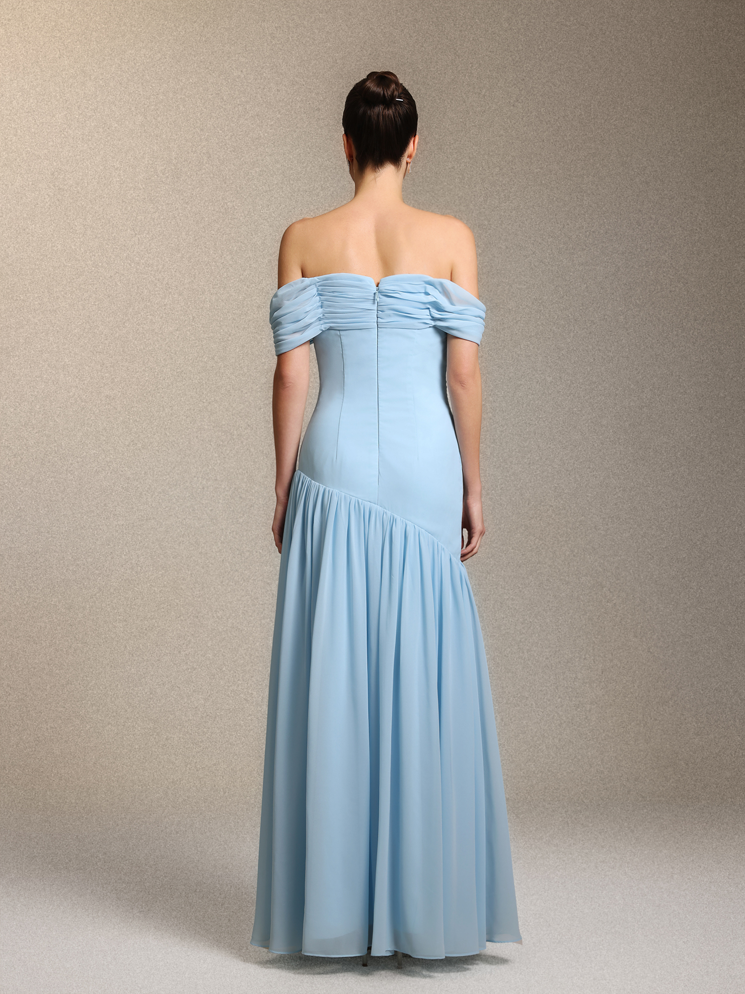 Orana Elegant Off Shoulder Gathered Cinched Waist Blue Chiffon Maxi Dress