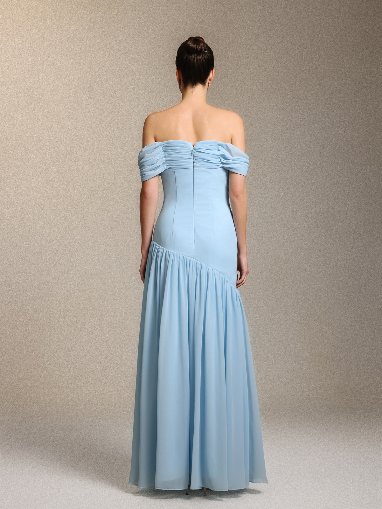 Orana Elegant Off Shoulder Gathered Cinched Waist Blue Chiffon Maxi Dress