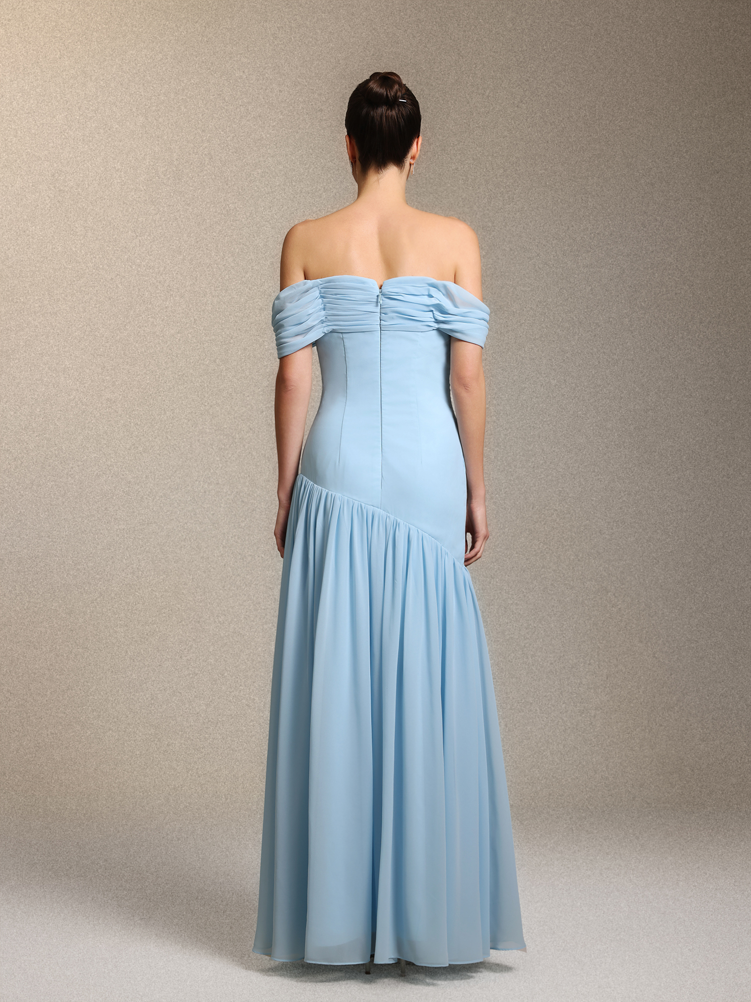 Orana Elegant Off Shoulder Gathered Cinched Waist Blue Chiffon Maxi Dress