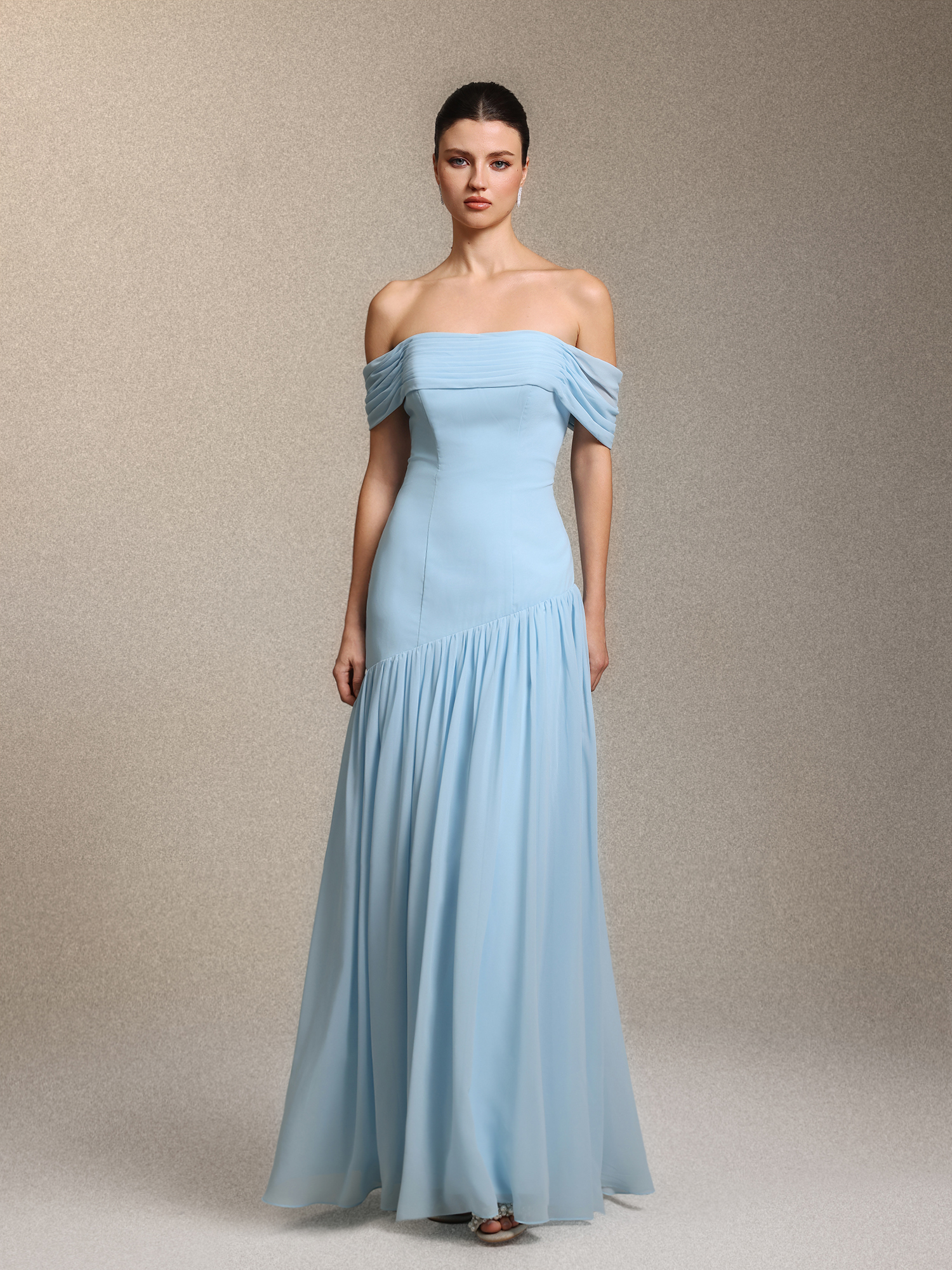 Orana Elegant Off Shoulder Gathered Cinched Waist Blue Chiffon Maxi Dress