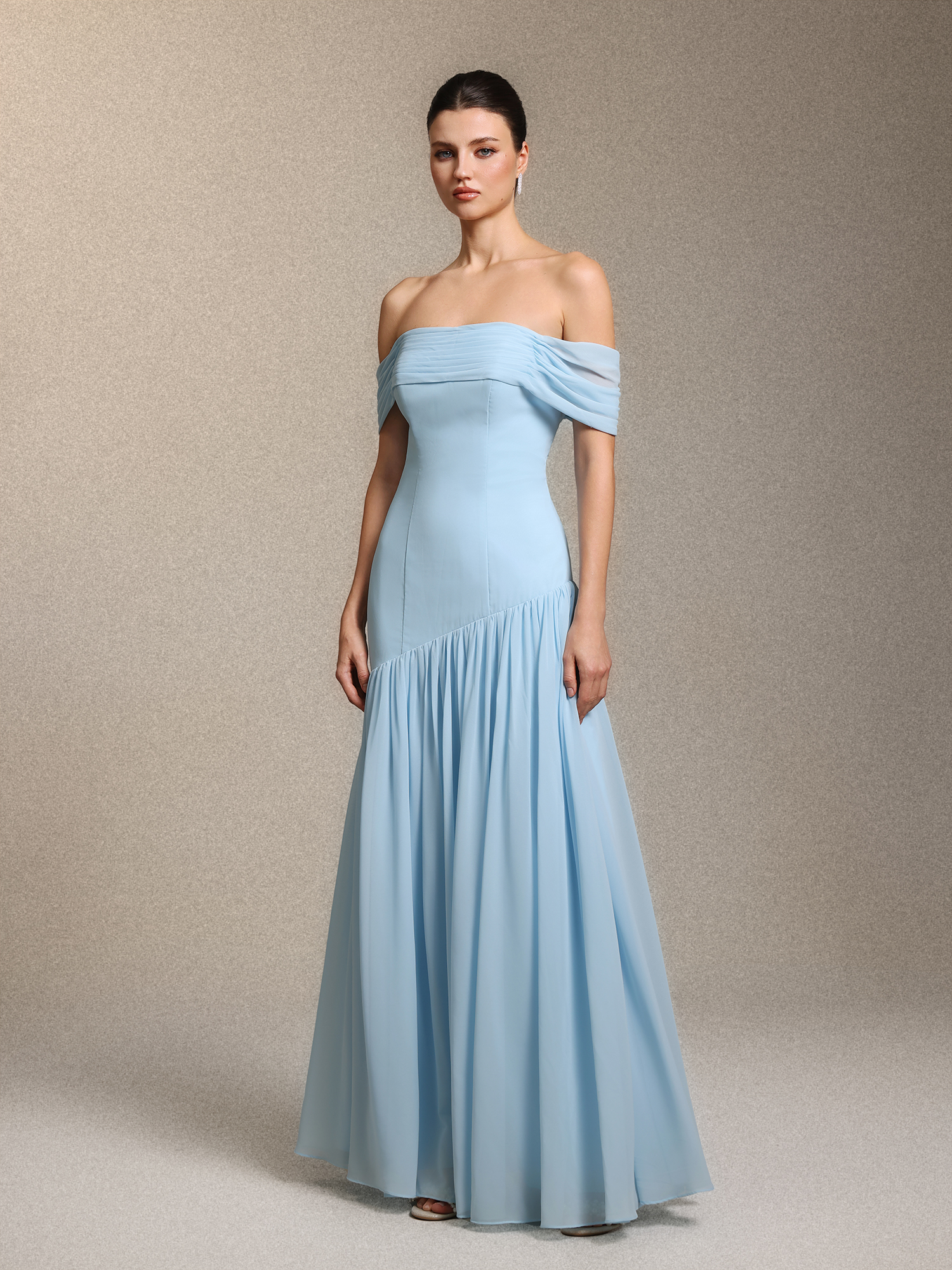 Orana Elegant Off Shoulder Gathered Cinched Waist Blue Chiffon Maxi Dress