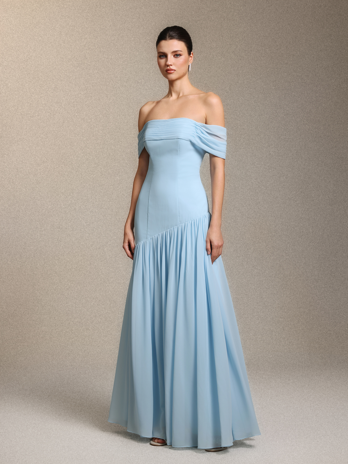 Orana Elegant Off Shoulder Gathered Cinched Waist Blue Chiffon Maxi Dress