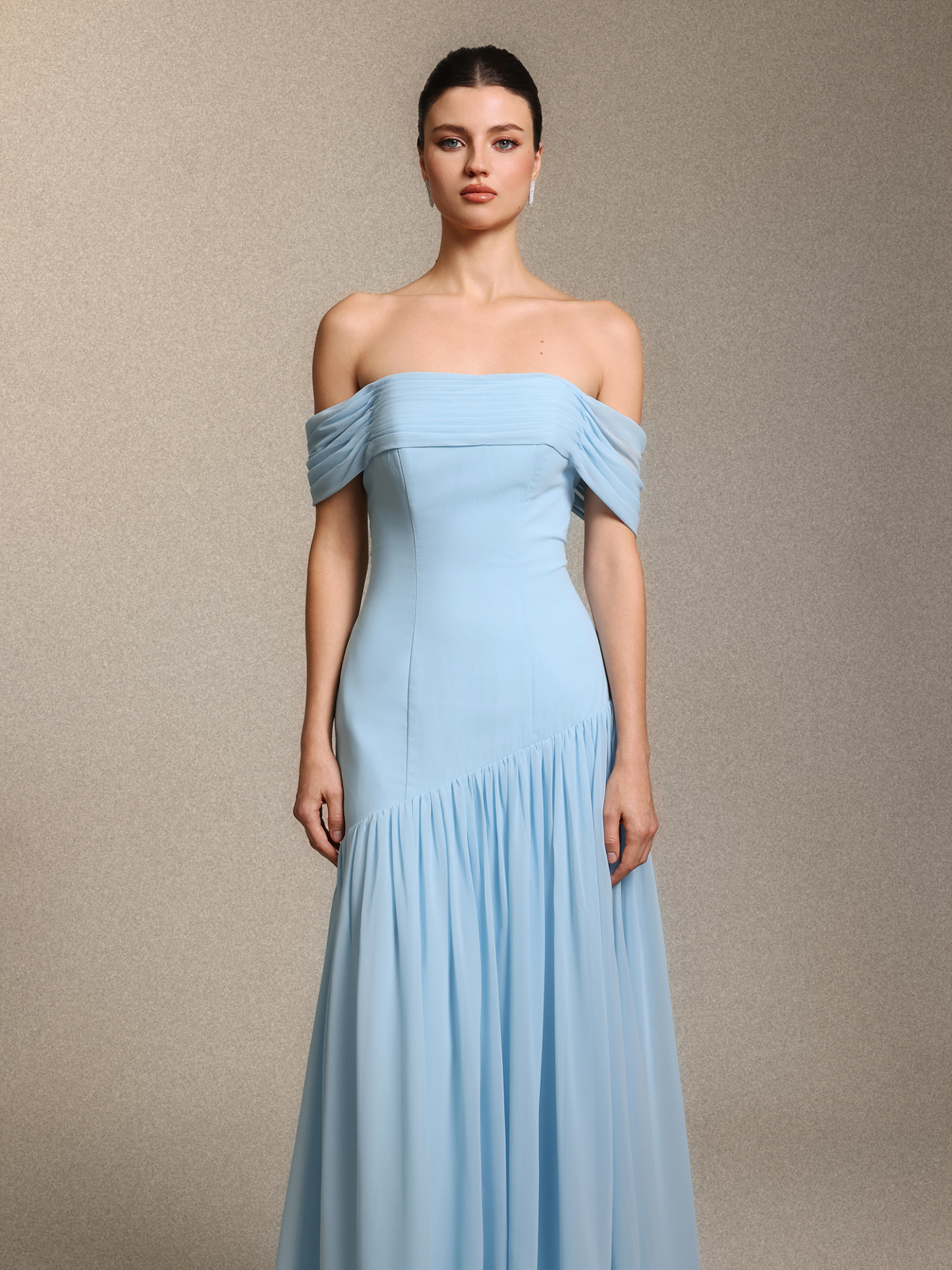 Orana Elegant Off Shoulder Gathered Cinched Waist Blue Chiffon Maxi Dress