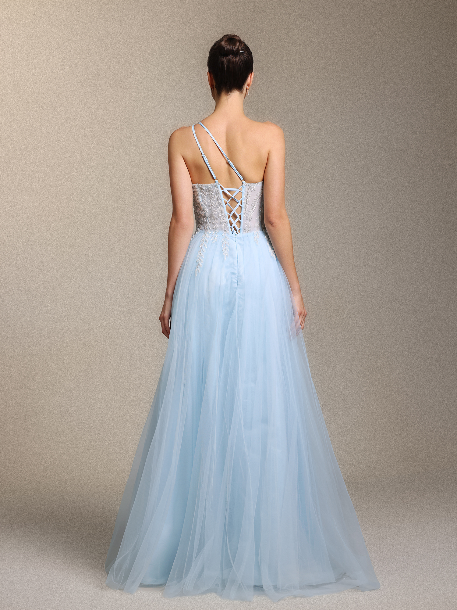 Zavan Glamorous One Shoulder Sleeve Cinched Waist Beaded Appliques Blue Maxi Dress