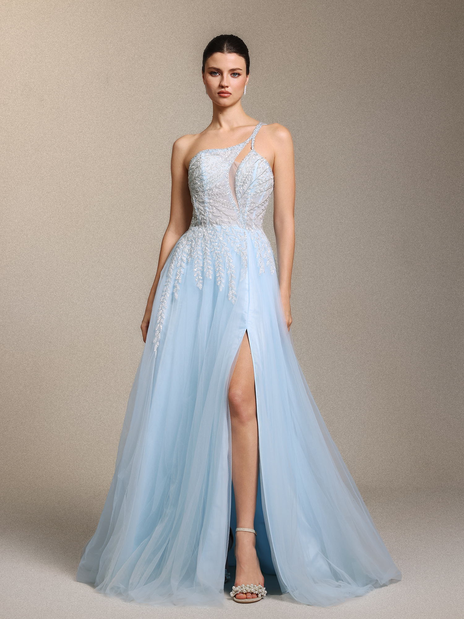 Zavan Glamorous One Shoulder Sleeve Cinched Waist Beaded Appliques Blue Maxi Dress