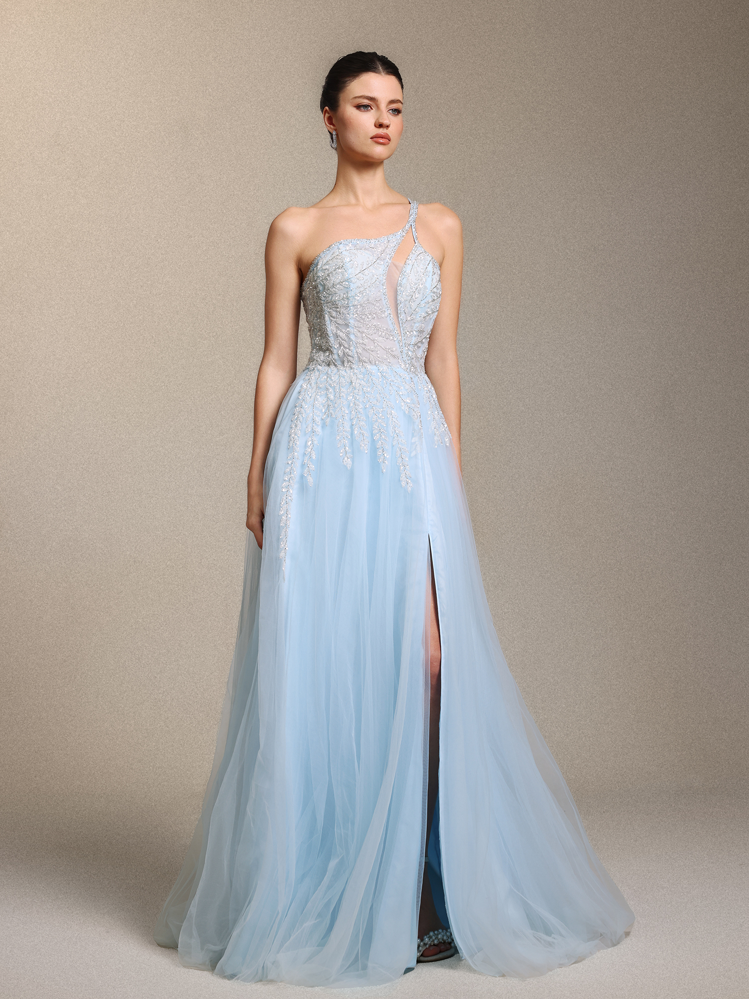 Zavan Glamorous One Shoulder Sleeve Cinched Waist Beaded Appliques Blue Maxi Dress