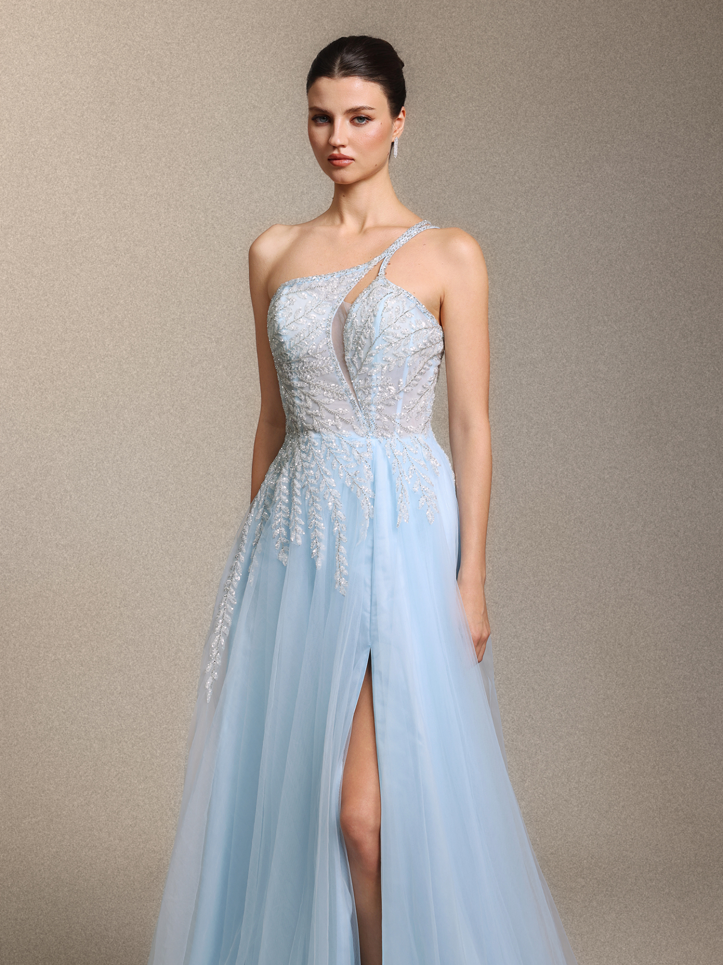 Zavan Glamorous One Shoulder Sleeve Cinched Waist Beaded Appliques Blue Maxi Dress