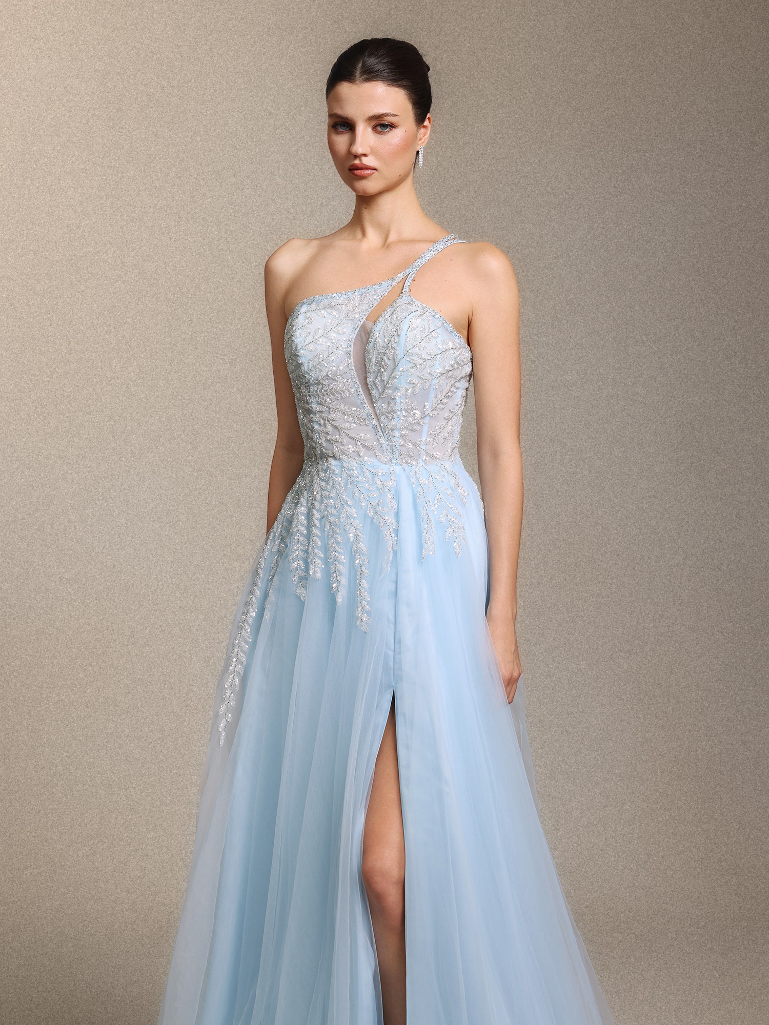 Zavan Glamorous One Shoulder Sleeve Cinched Waist Beaded Appliques Blue Maxi Dress