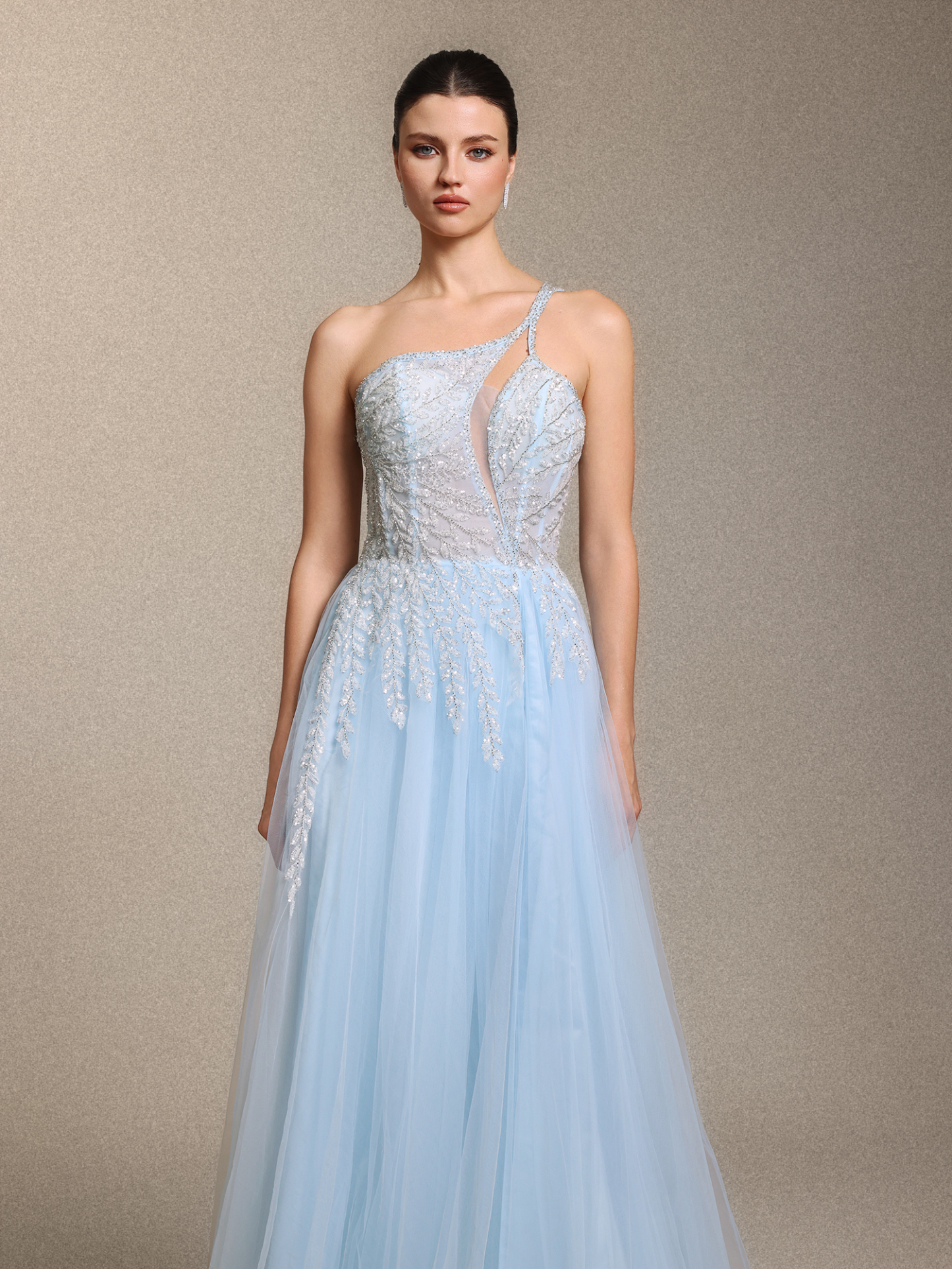 Zavan Glamorous One Shoulder Sleeve Cinched Waist Beaded Appliques Blue Maxi Dress