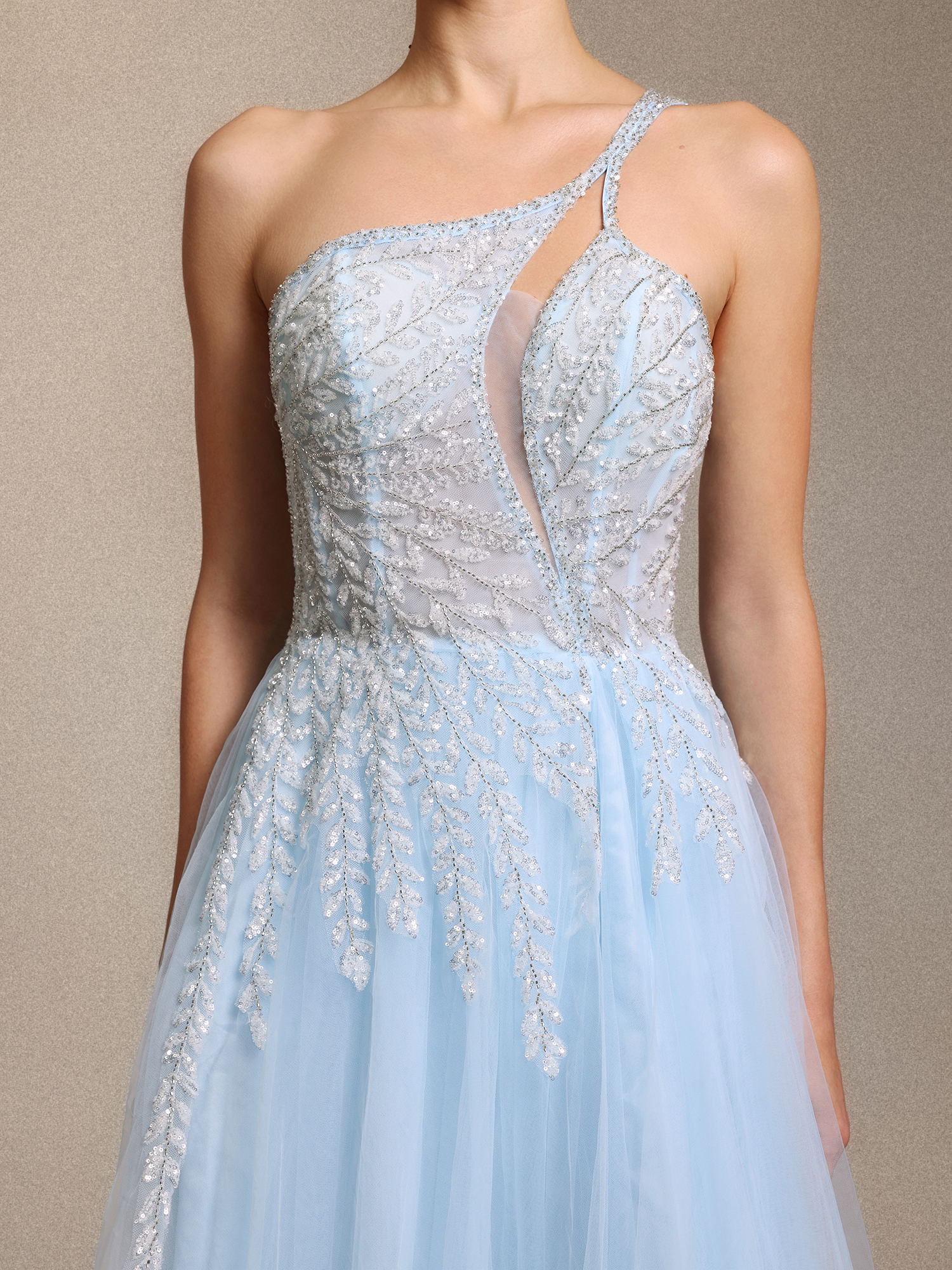 Zavan Glamorous One Shoulder Sleeve Cinched Waist Beaded Appliques Blue Maxi Dress