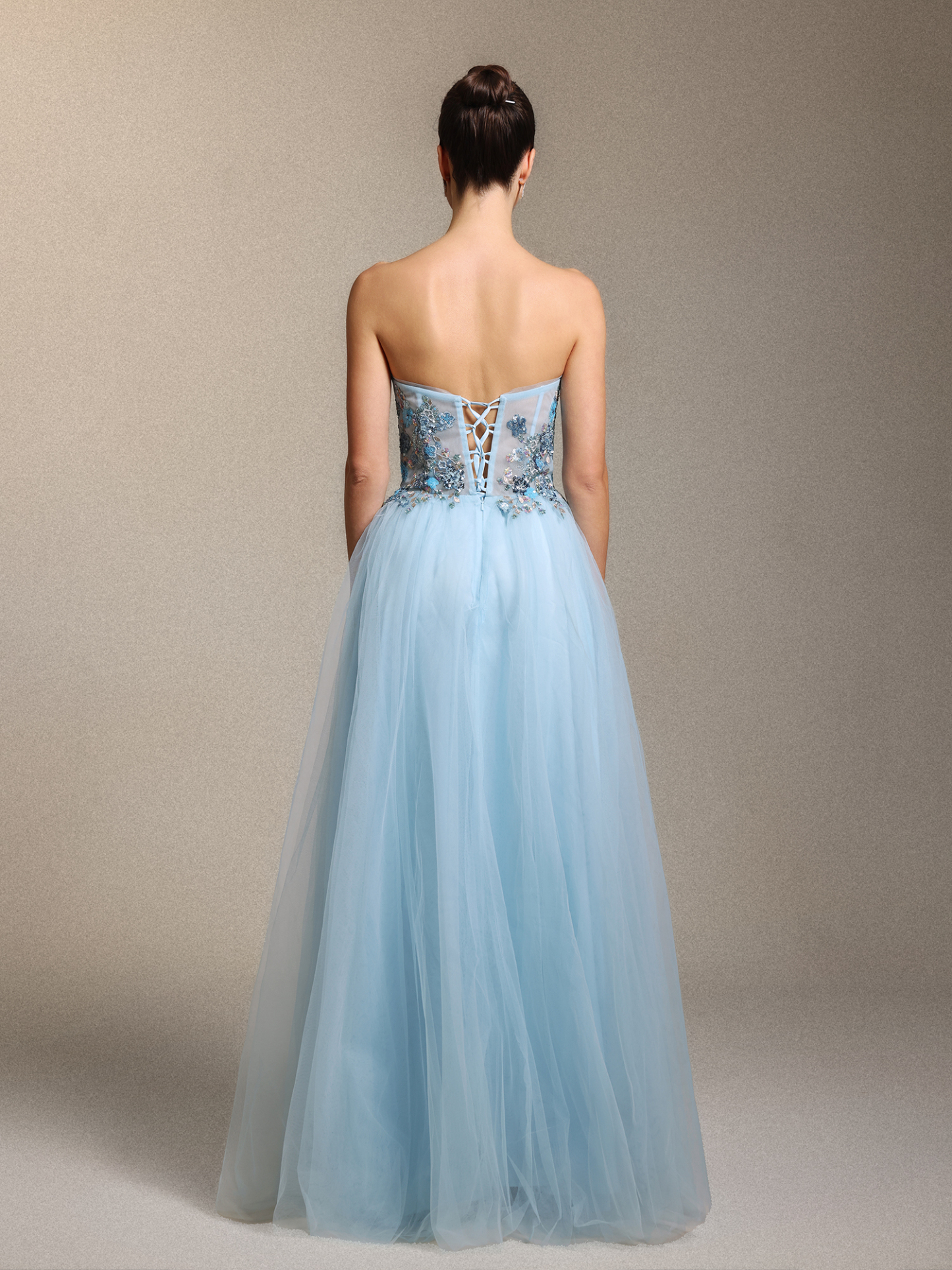 Geraldine Chic Strapless Floral Applique Side Slit Blue Tulle Maxi Dress