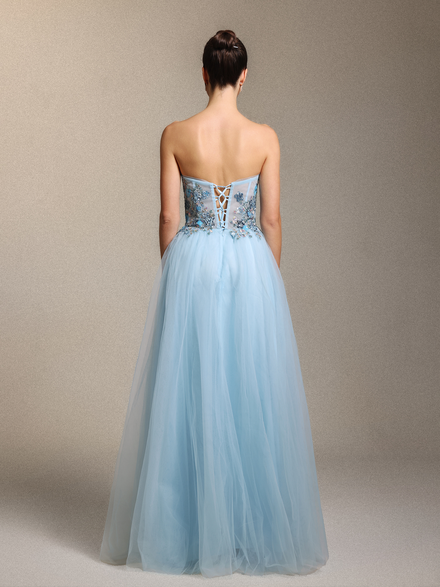 Geraldine Chic Strapless Floral Applique Side Slit Blue Tulle Maxi Dress