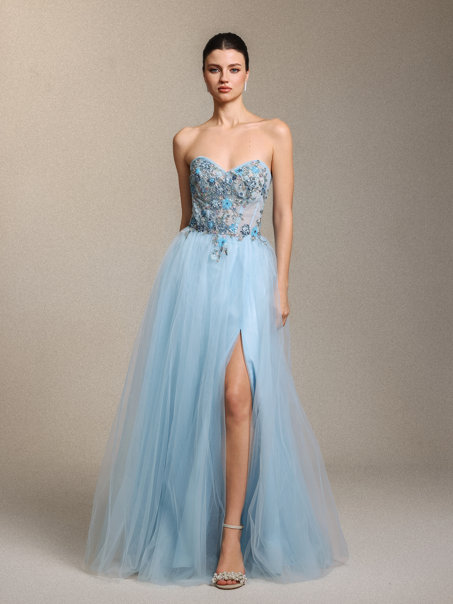 Geraldine Chic Strapless Floral Applique Side Slit Blue Tulle Maxi Dress