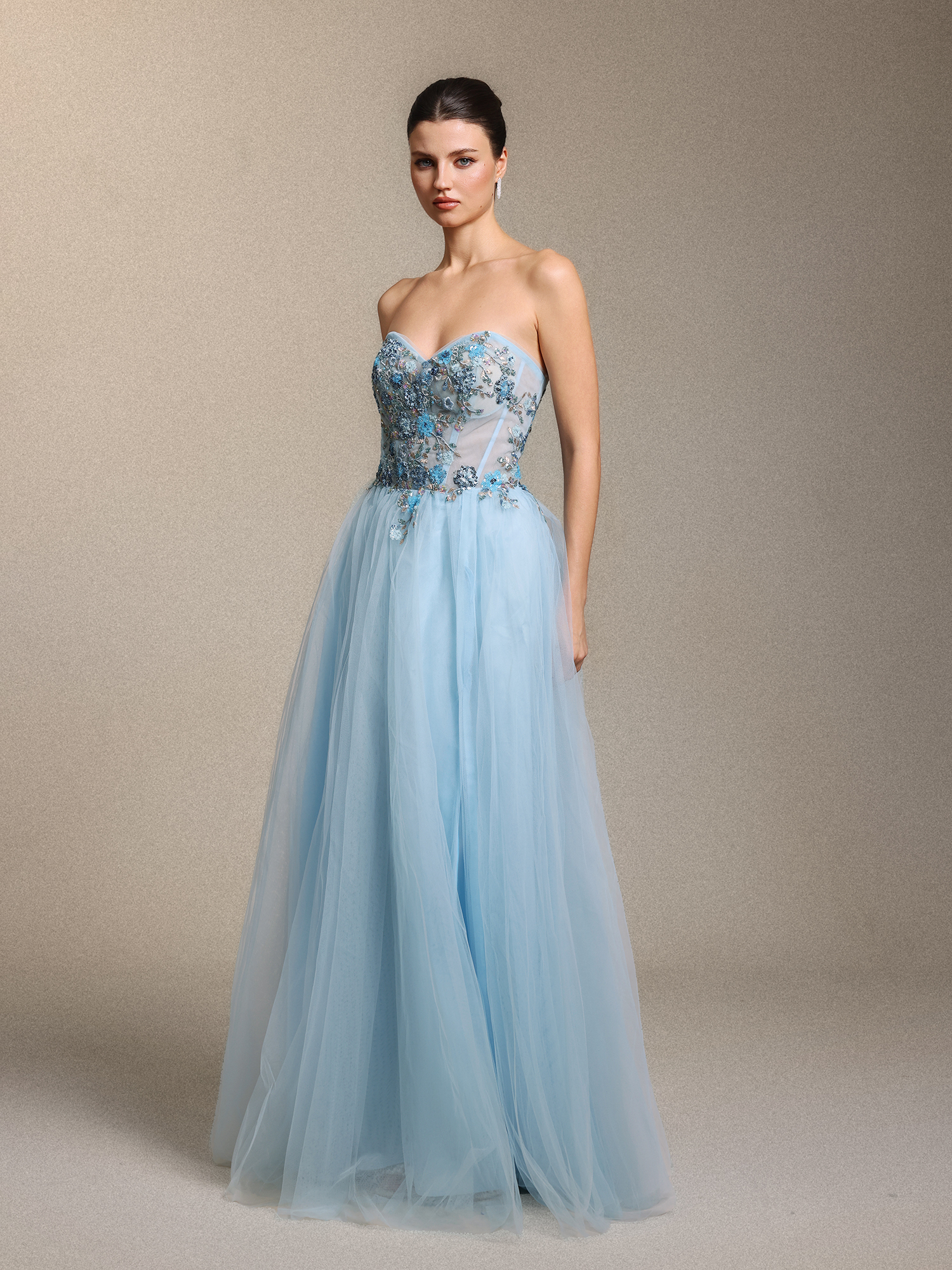 Geraldine Chic Strapless Floral Applique Side Slit Blue Tulle Maxi Dress