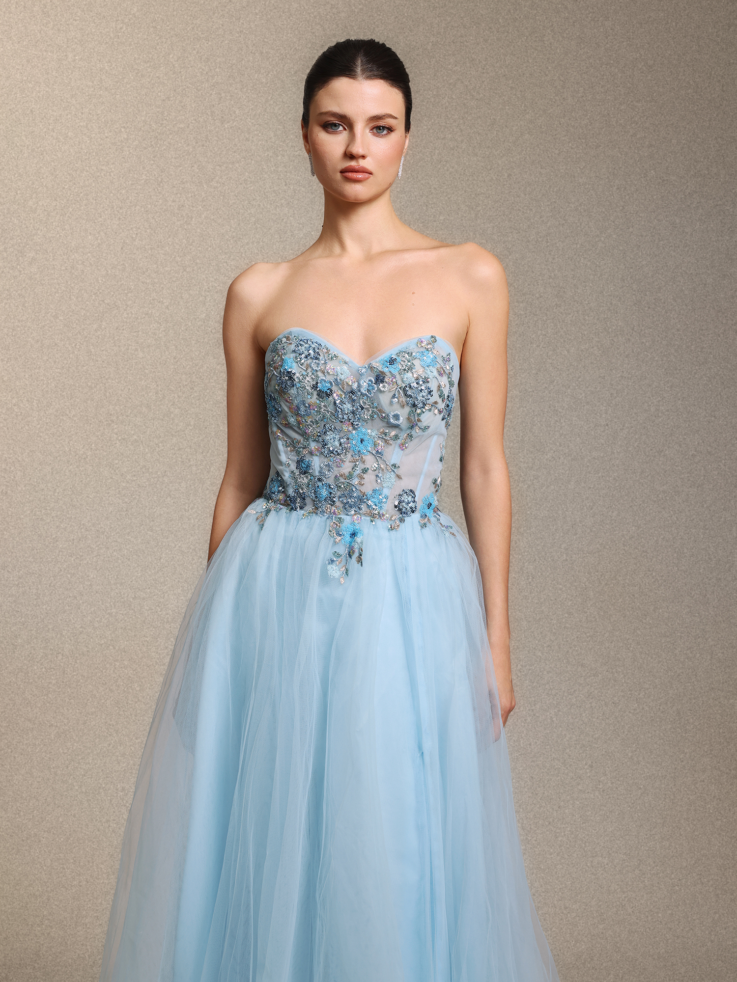 Geraldine Chic Strapless Floral Applique Side Slit Blue Tulle Maxi Dress