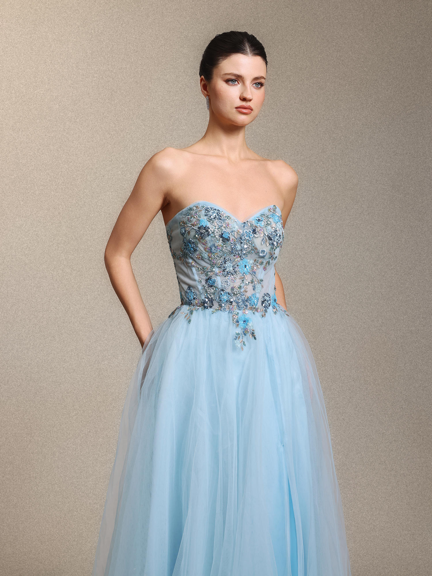 Geraldine Chic Strapless Floral Applique Side Slit Blue Tulle Maxi Dress
